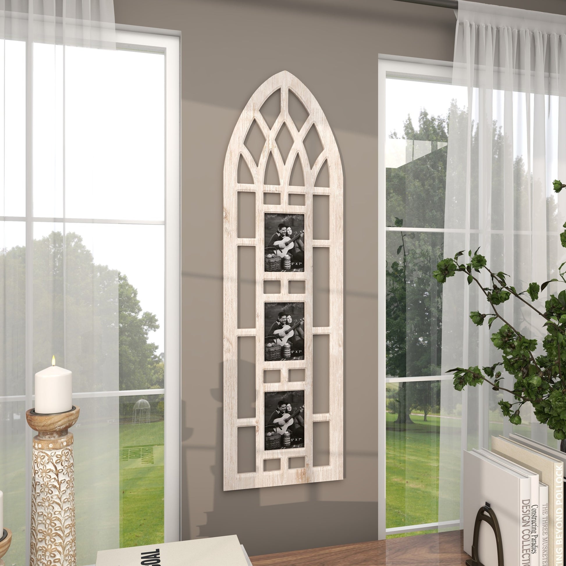 Light Brown Wooden Slim Arched Window Inspired 3 Slot Ornate Wall Photo Frame