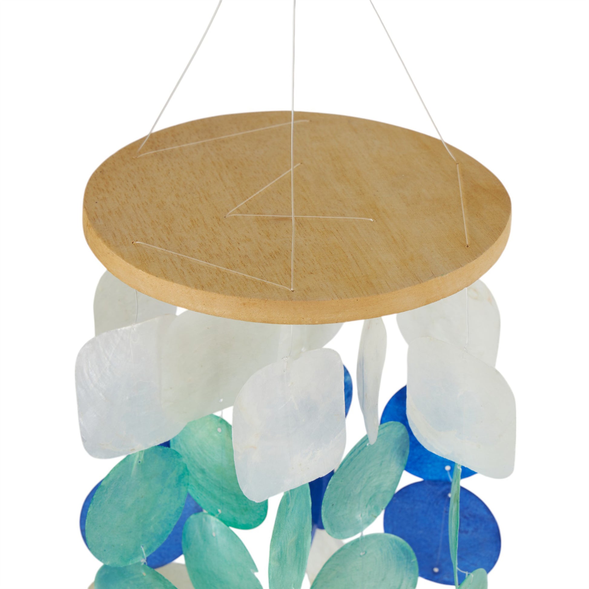 Geometric White Capiz Shell Waterfall Indoor Outdoor Windchime with Blue and Teal Accents