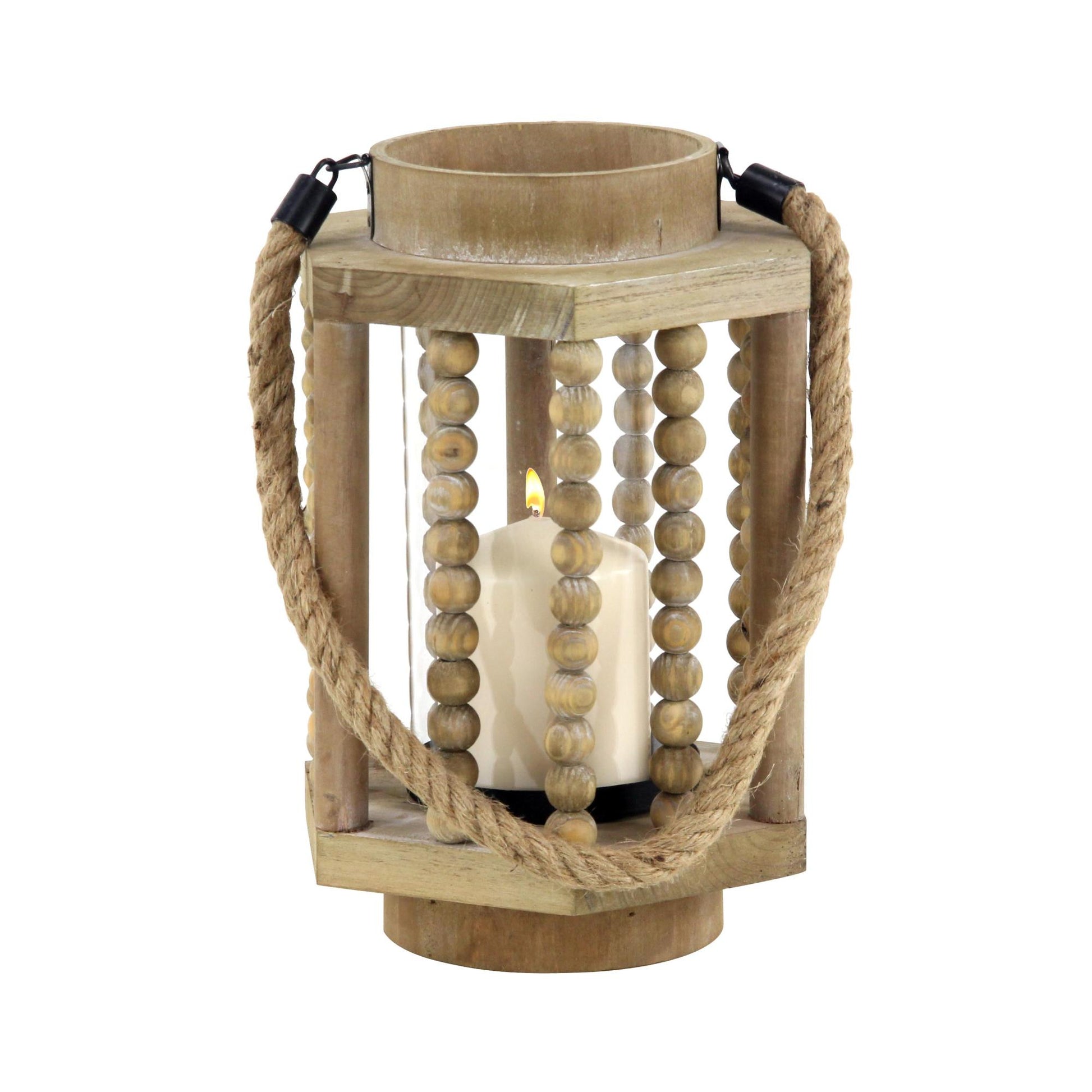 Beige Reclaimed Wood Beaded Decorative Indoor Outdoor Candle Lantern
