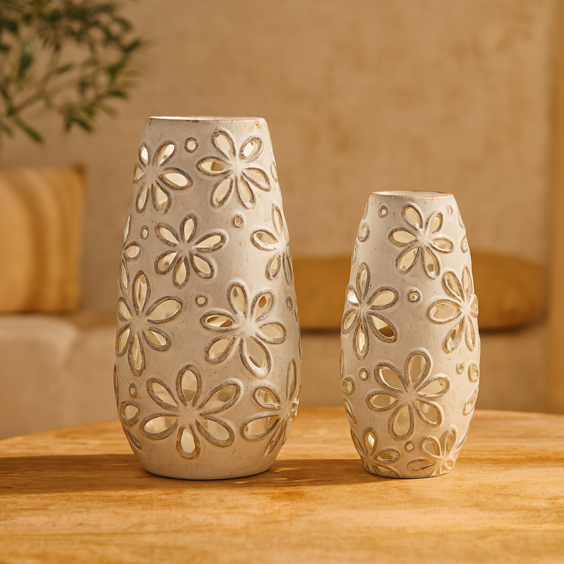 Set of 2 Floral White Ceramic Handmade Daisy Cut Out Decorative Vase