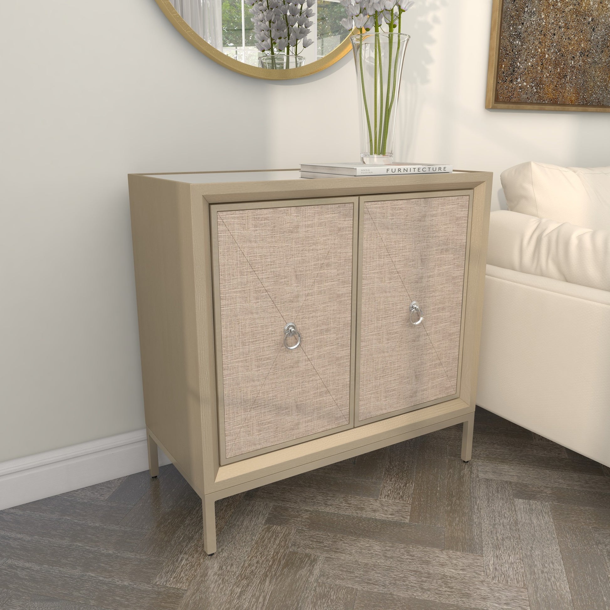 Beige Wooden Upholstered Front Panel 2 Door Room Cabinet with Mirrored Top and Ring Handles