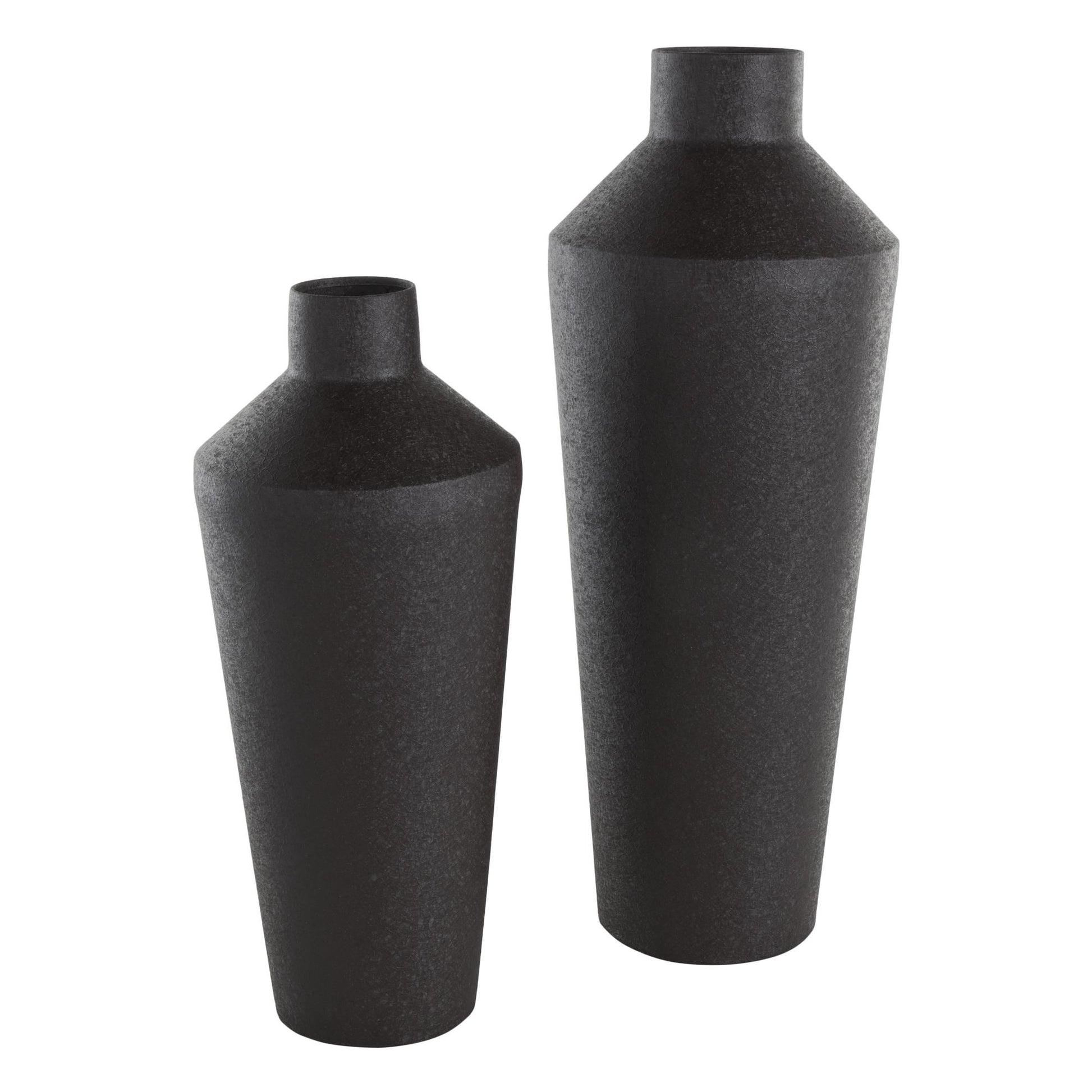 Set of 2 Black Metal Textured Tapered Decorative Vase