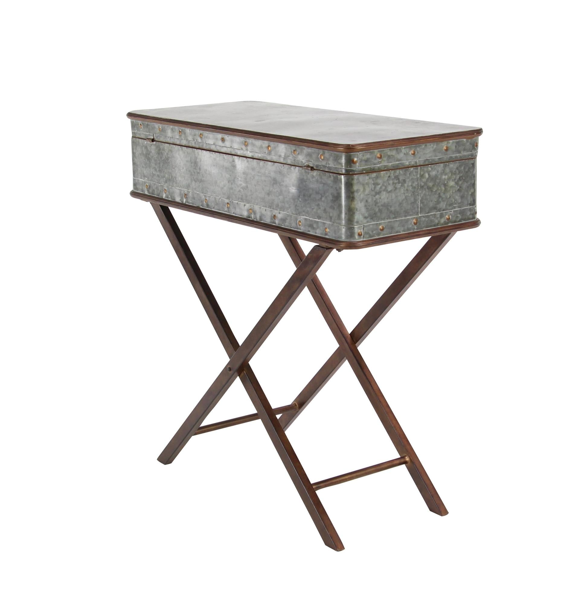 Gray Metal Side End Accent Table with Suitcase Style Top
