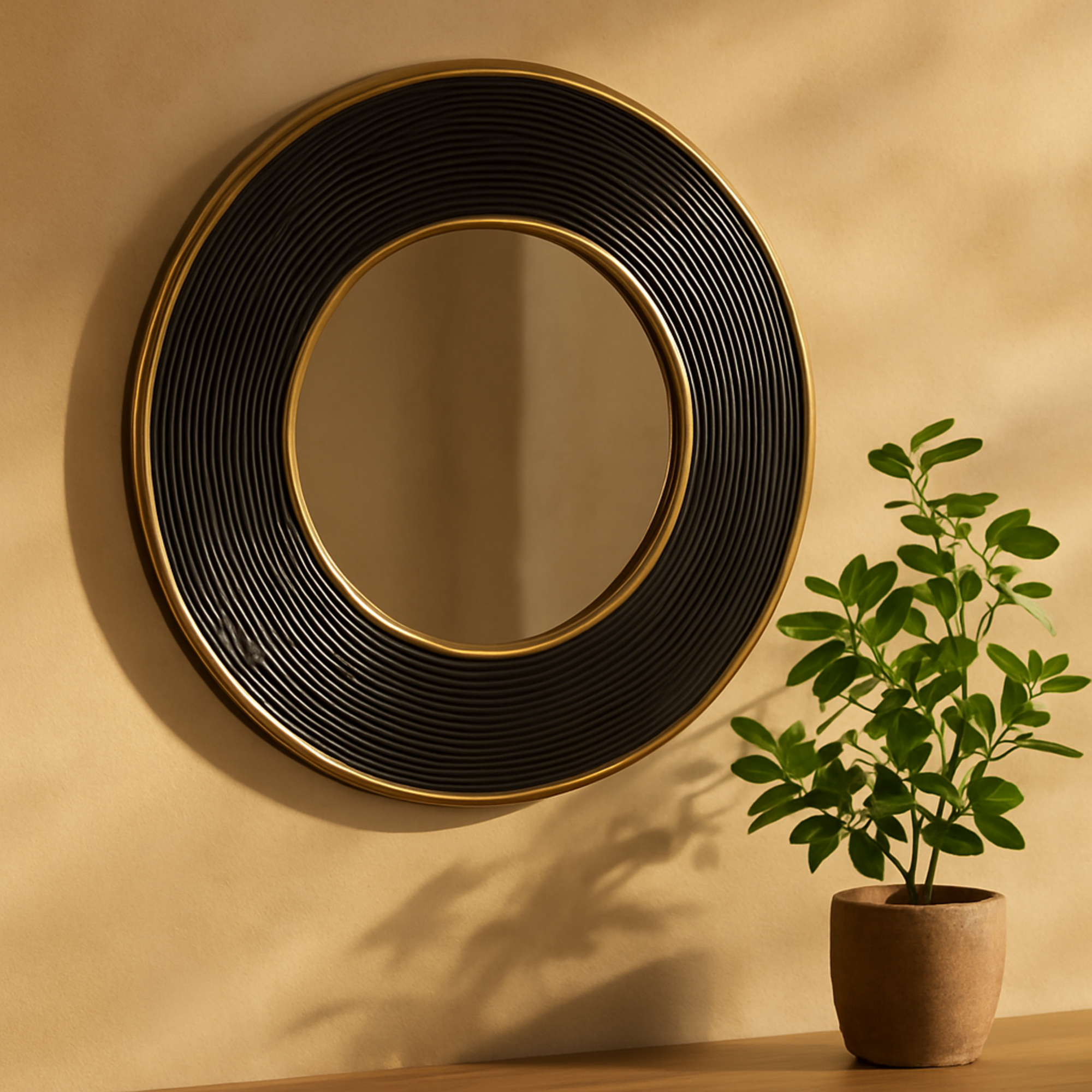 CosmoLiving by Cosmopolitan Black Metal Ribbed Room Wall Mirror with Gold Edges