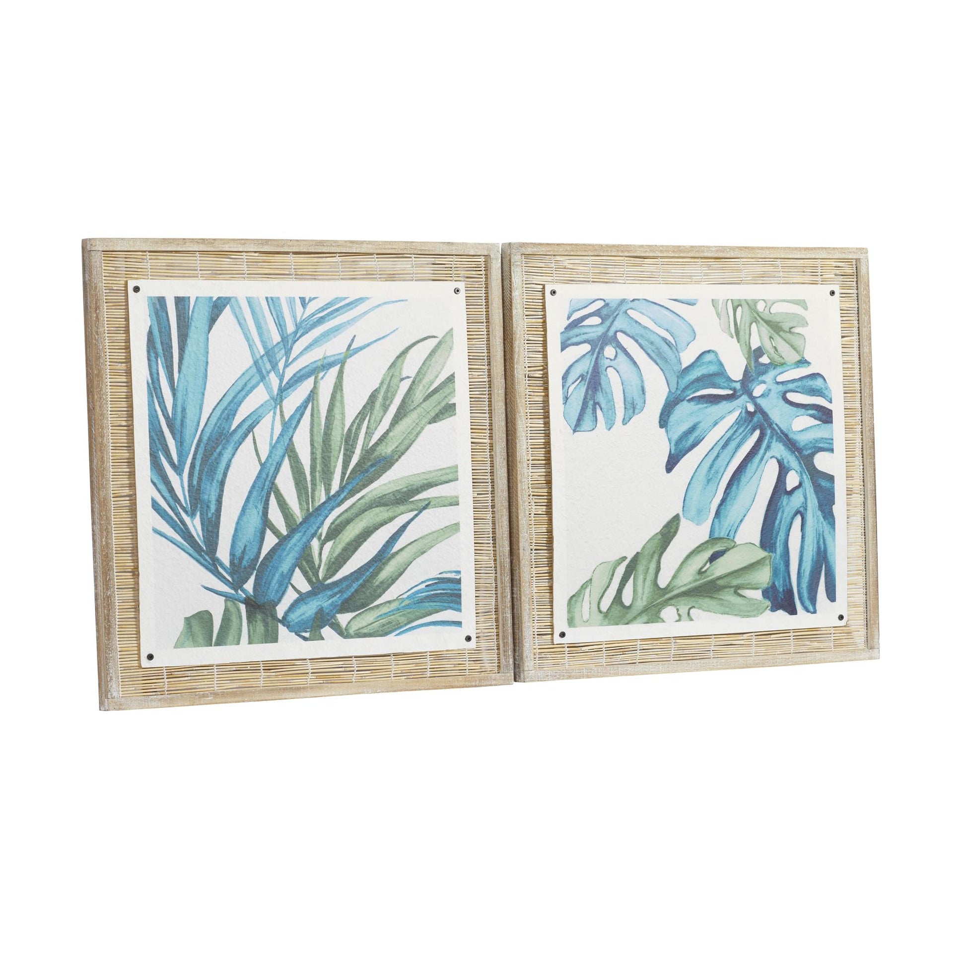 Set of 2 Leaf Blue Dried Plant Living Room Framed Wall Art with Brown Frame