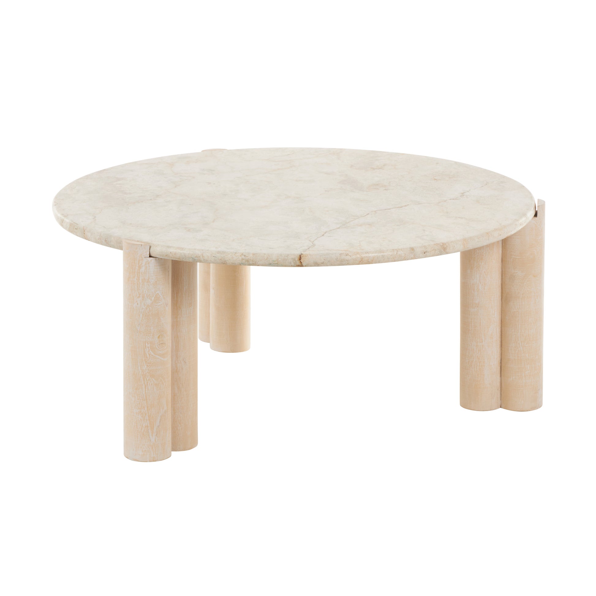 Cream Teak Wood Handmade Living Room Coffee Table with Beige Marble Tabletop