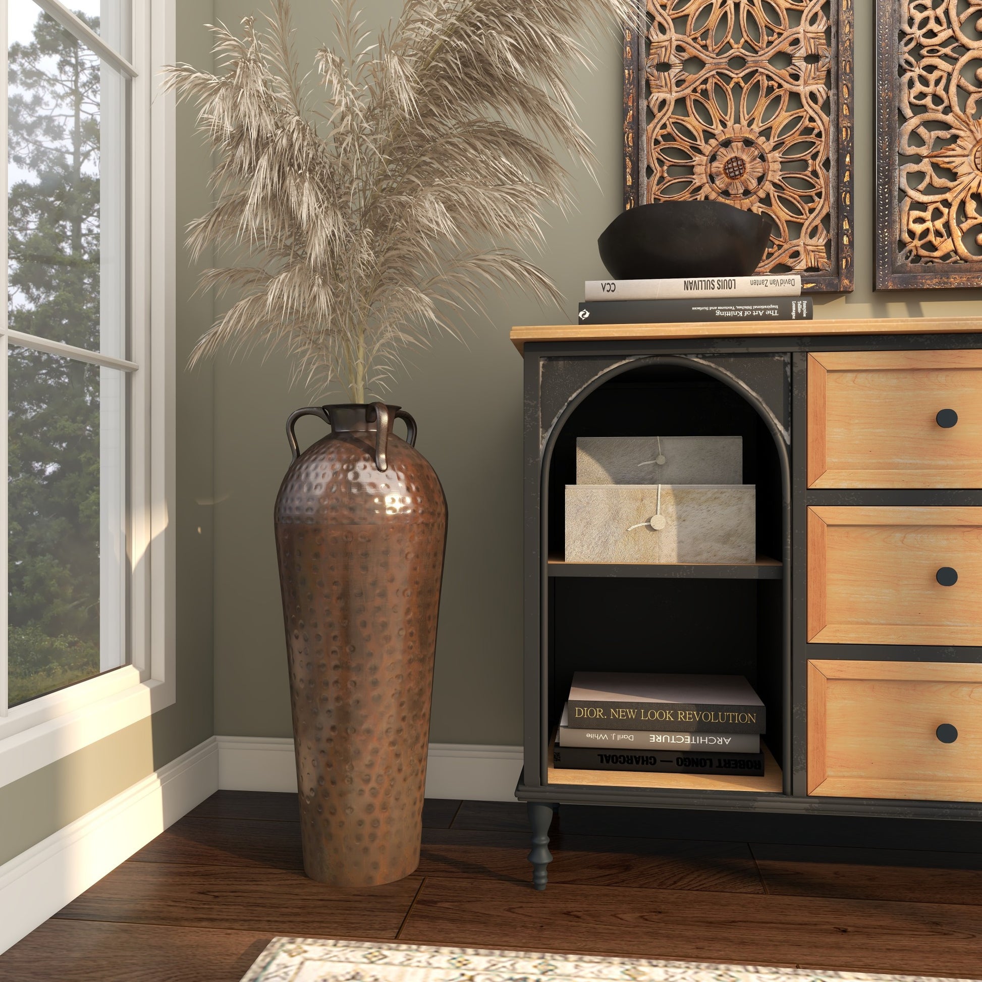 Brown Metal Tall Floor Mediterranean Style Decorative Vase with Hammered Details and Handles