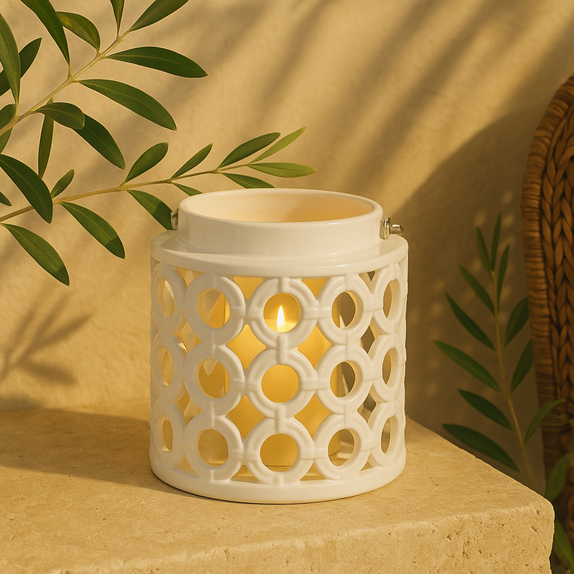 White Ceramic Circles Decorative Indoor Outdoor Candle Lantern with Cut Out Design