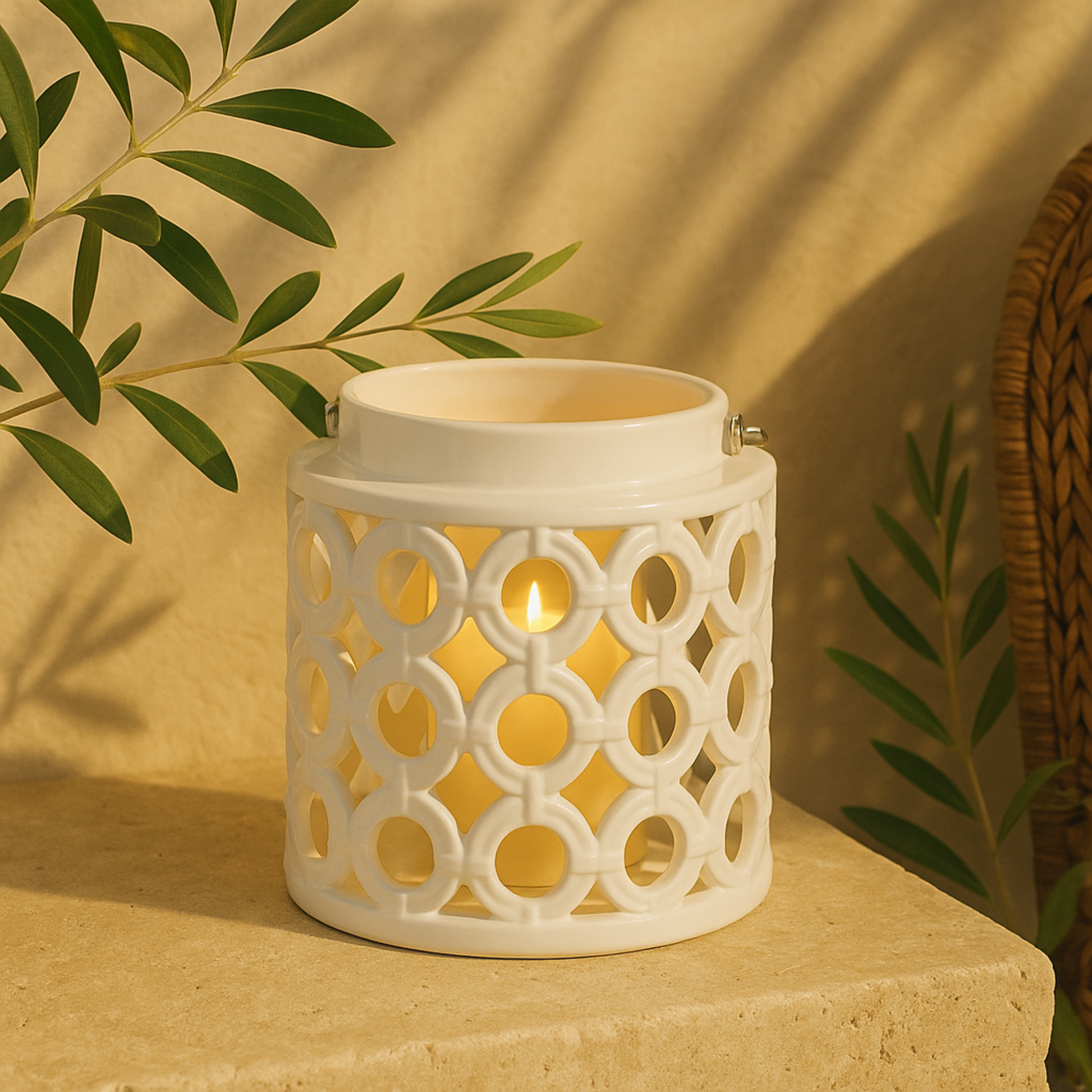 White Ceramic Circles Decorative Indoor Outdoor Candle Lantern with Cut Out Design
