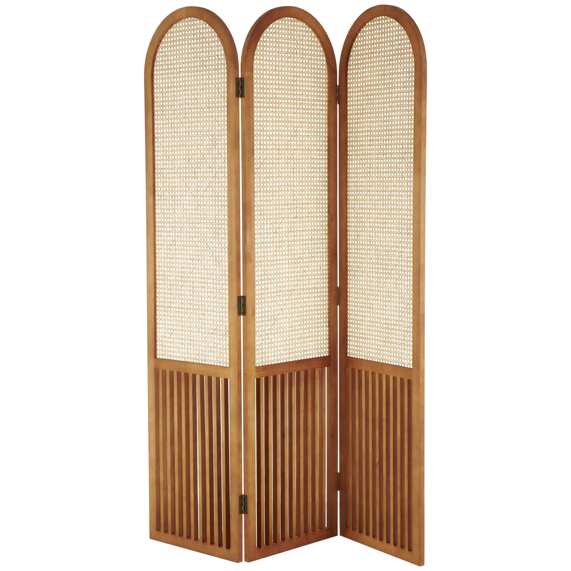 Wood Arched 3 Panel Partition Room Divider Screen with Slatted Wood Base and Tan Rattan Panels