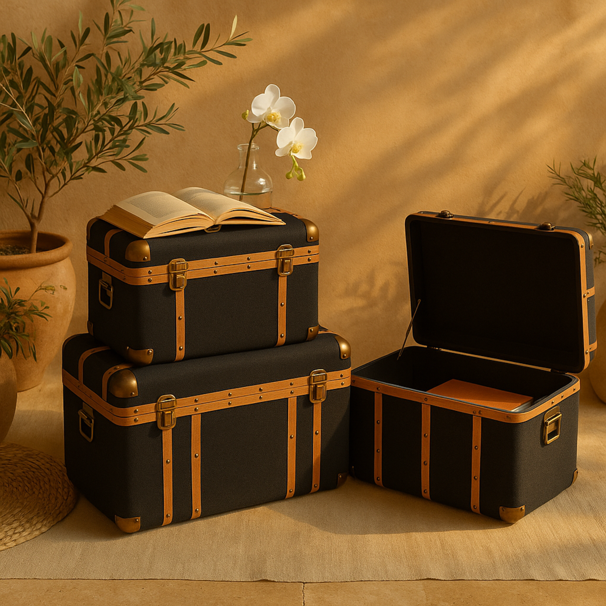 Set of 3 Black Fabric Decorative Trunk with Brass Metal Latches and Brown Wooden Accents