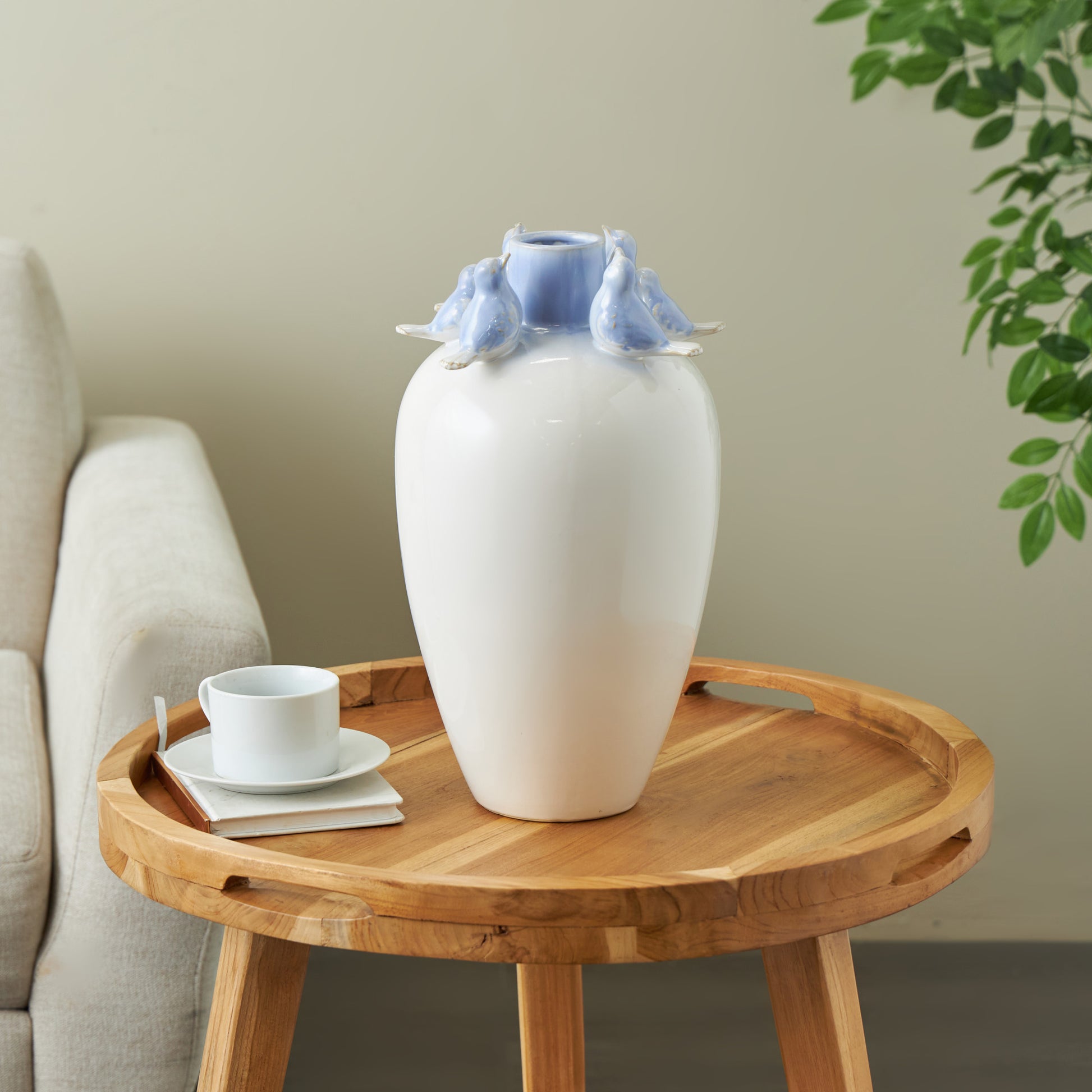 Bird White Ceramic Decorative Vase with Blue Accents