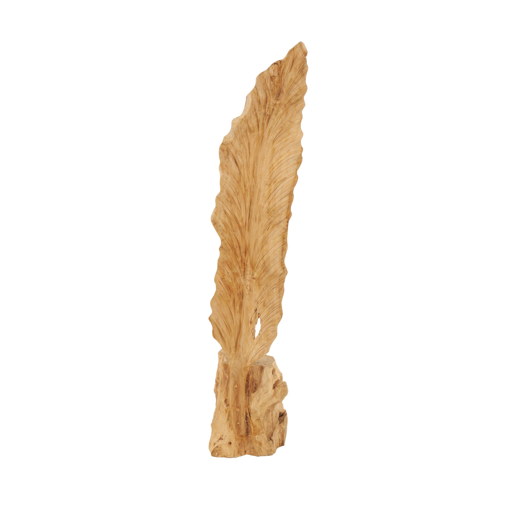 Leaf Brown Teak Wood Live Edge Floor Decorative Sculpture with Tree Stump Base
