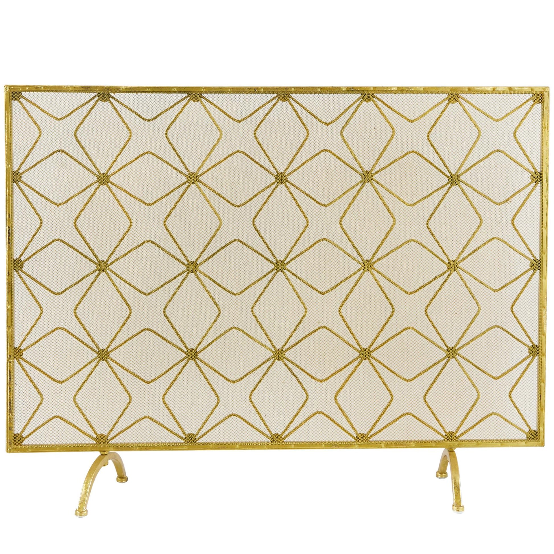 Geometric Gold Metal Star Patterned Single Panel Living Room Fireplace Screen with Mesh Netting