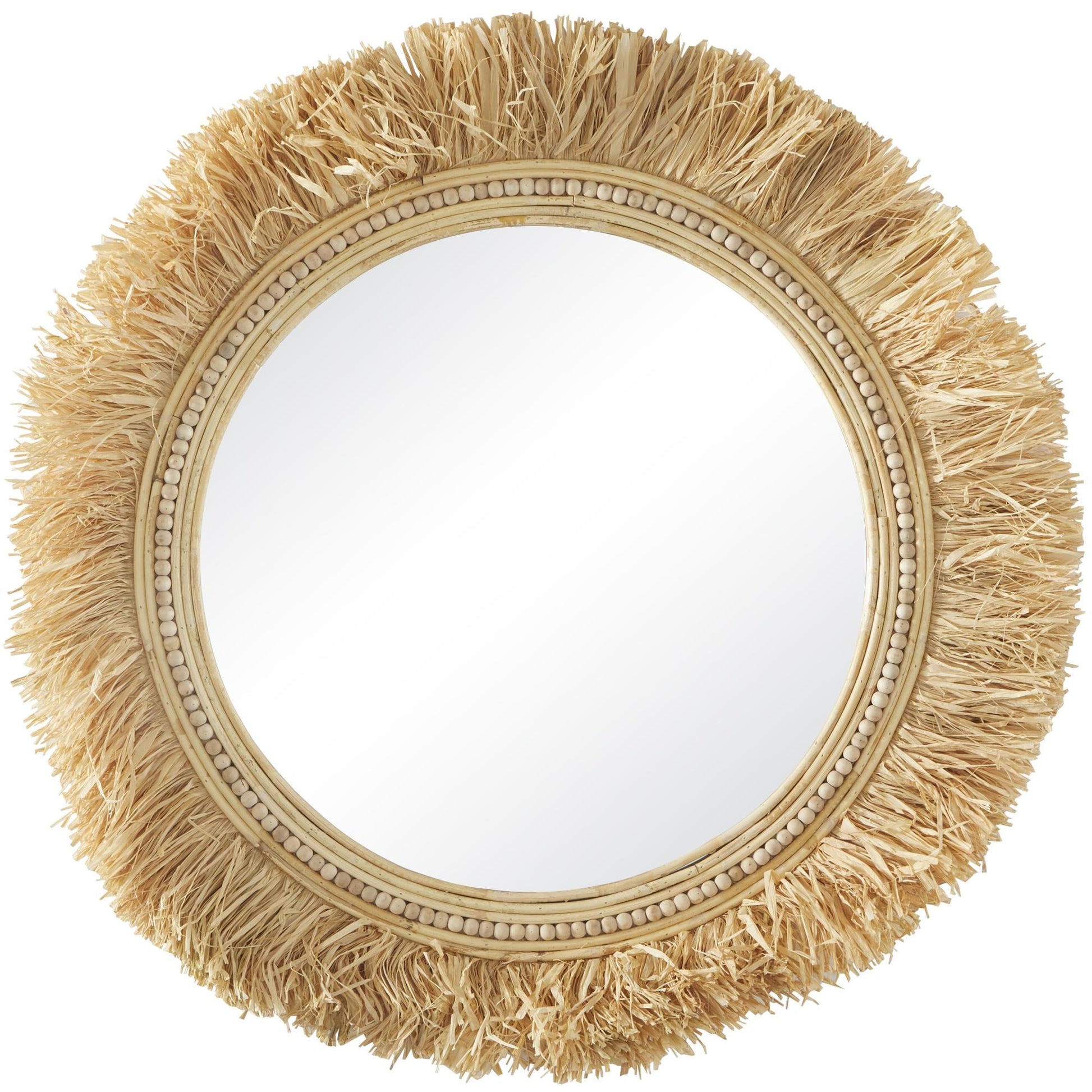 Tribal Light Brown Seagrass Room Wall Mirror with Fringe Detailing
