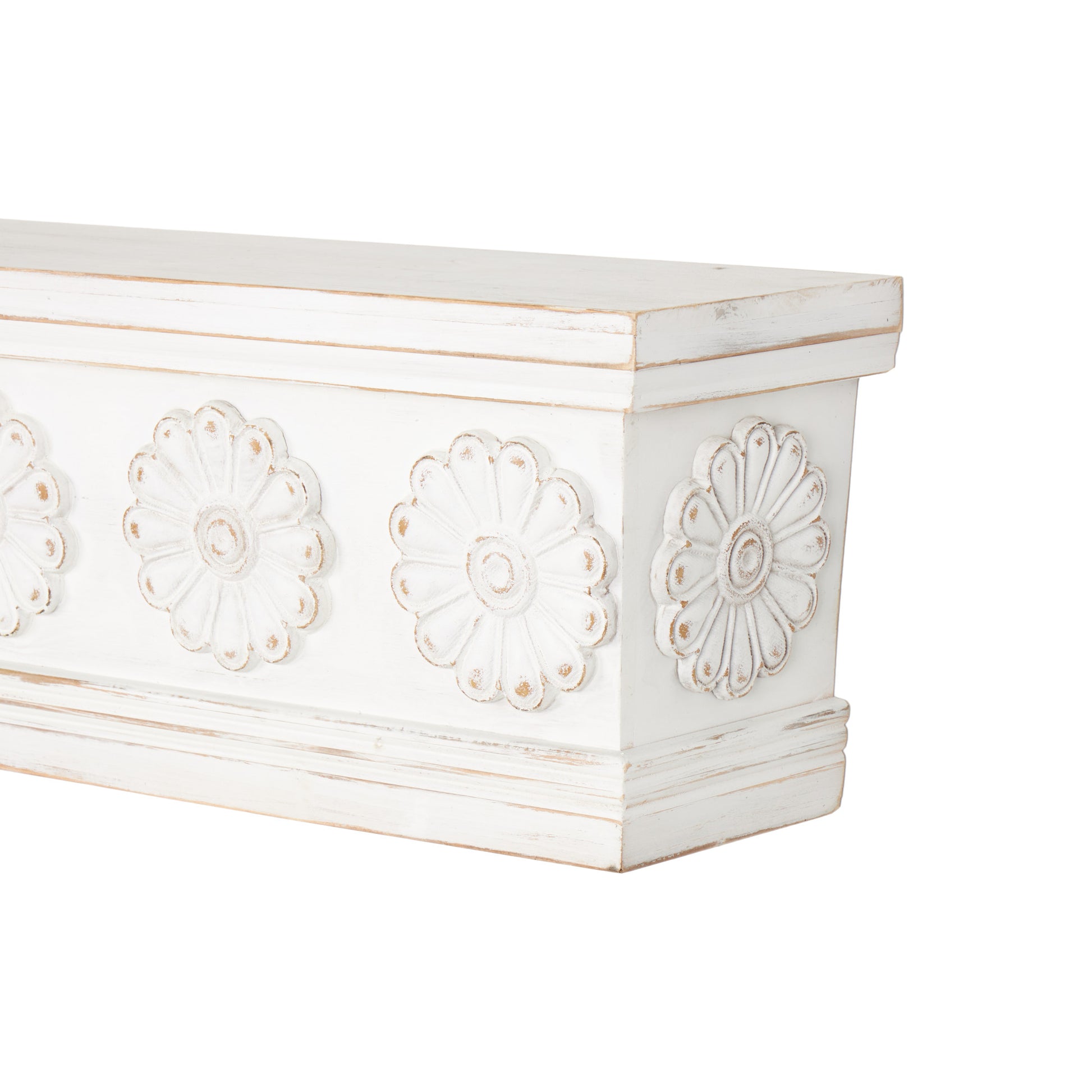 Floral White Wooden Room Wall Shelf with Brown Distressing