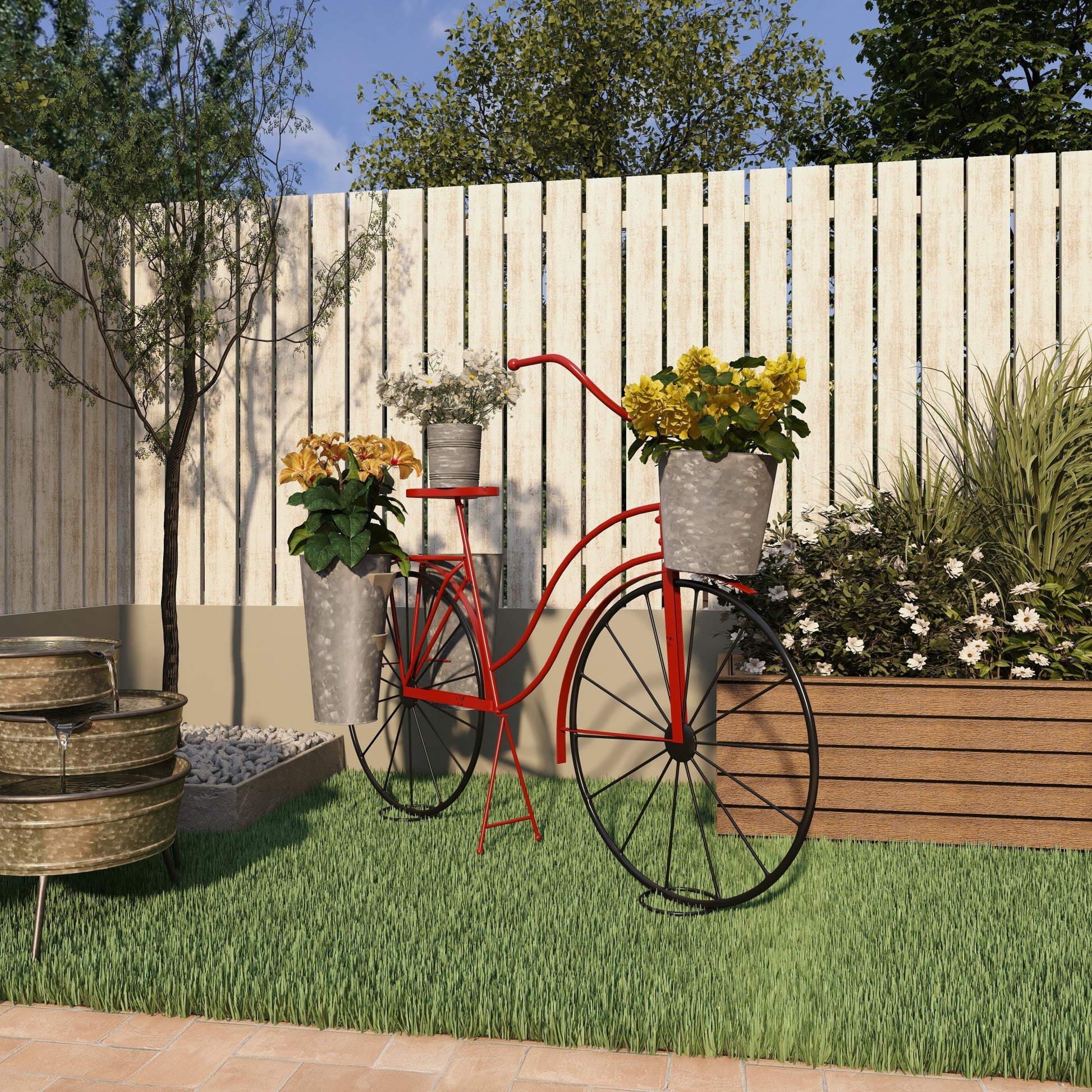 Bike Red Metal Indoor Outdoor Plantstand with Silver Basket and Saddle Bag Planters