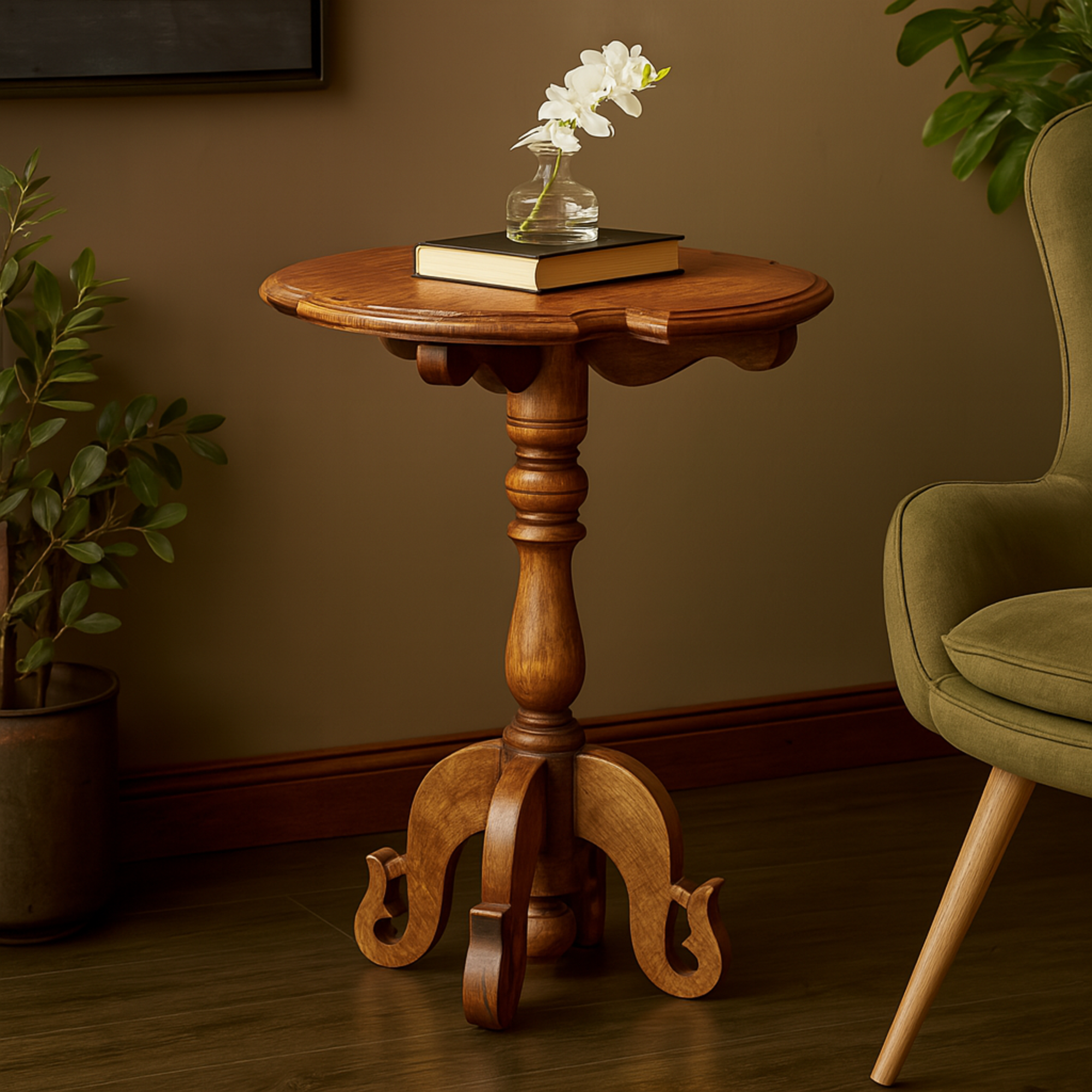 Brown Mango Wood Turned Side End Accent Table with Scrolled Legs and Cutout Tabletop