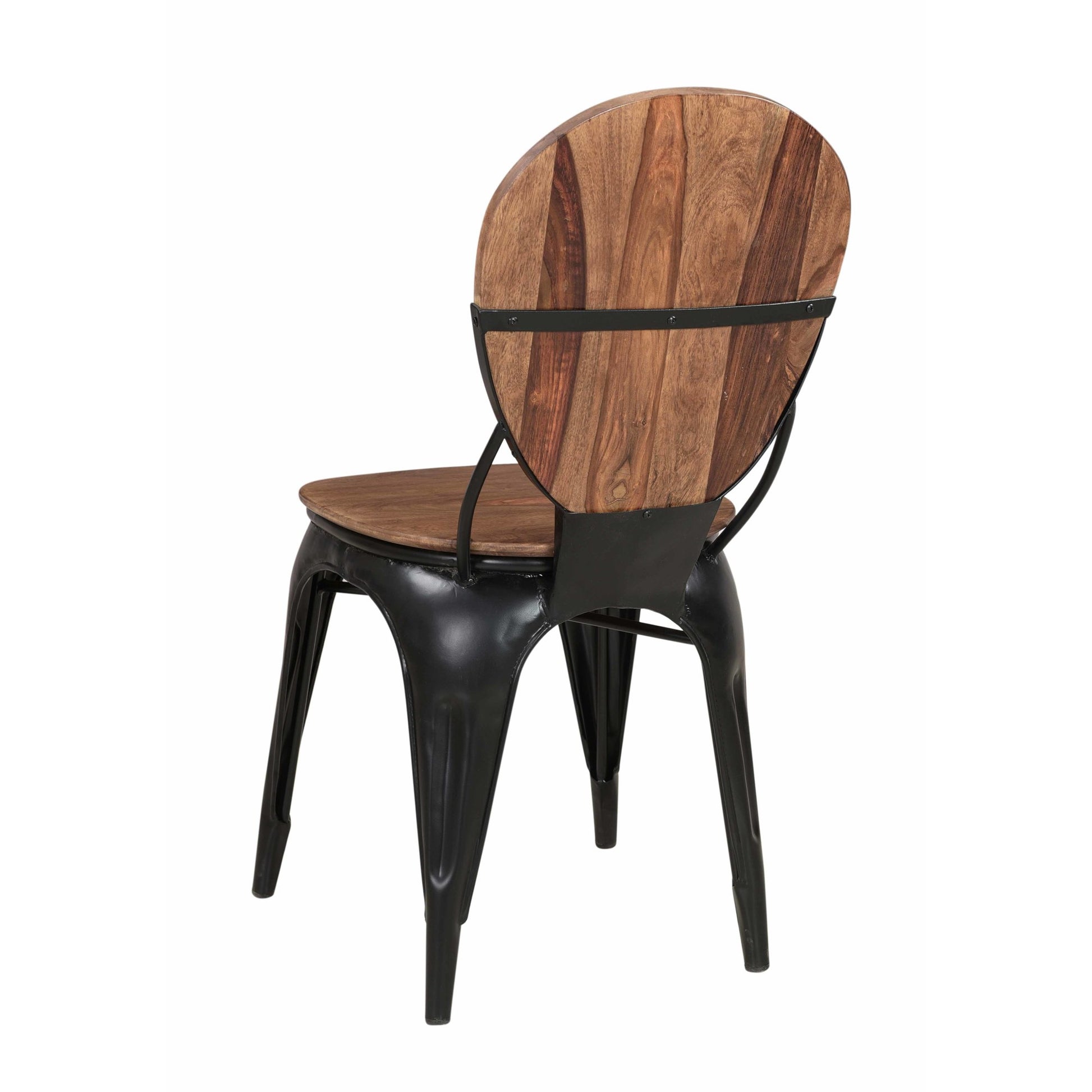 Set of 2 Brown Sheesham Wood Rounded Kitchen Dining Chair with Black Iron Tapered Legs and Curved Support
