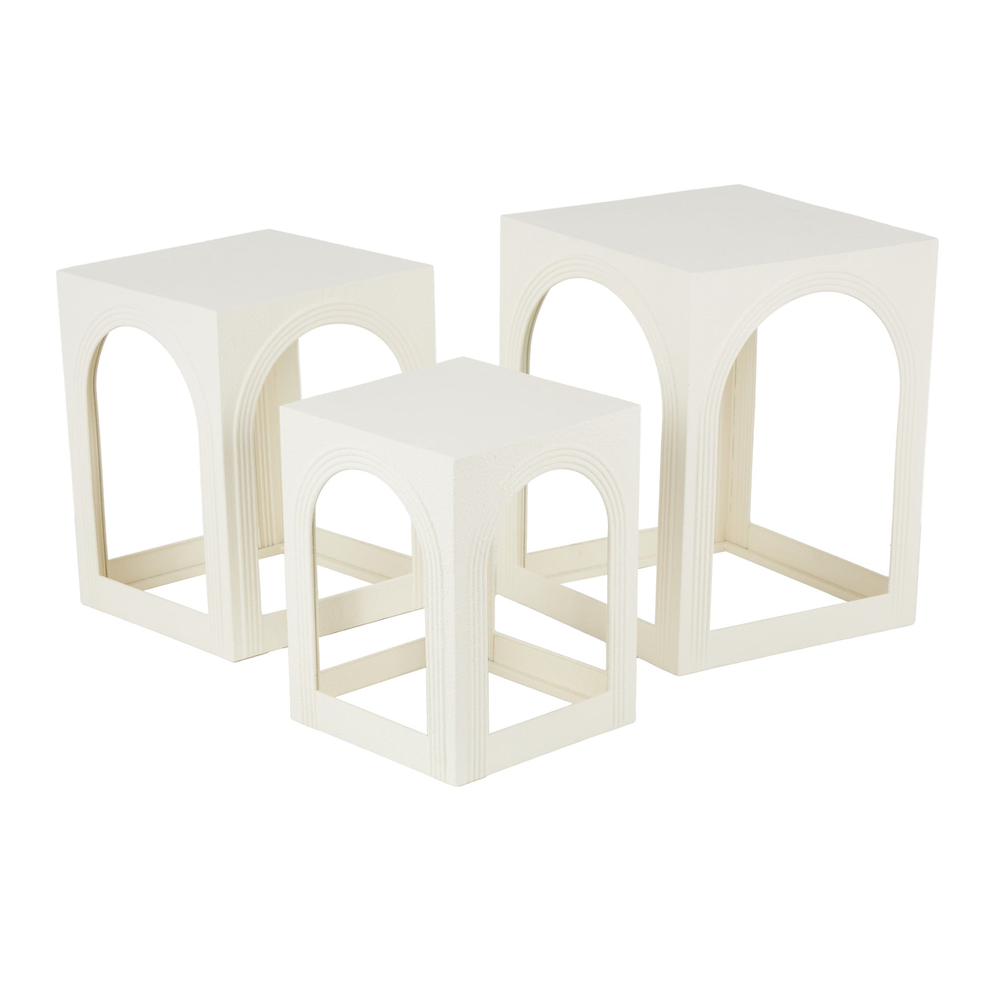 Set of 3 White Metal Nested Side End Accent Table with Arched Cutouts