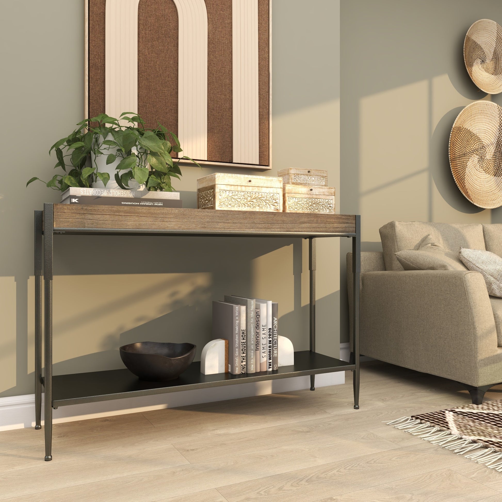 Gray Metal Shelf Living Room Console Table with Brown Wooden Top