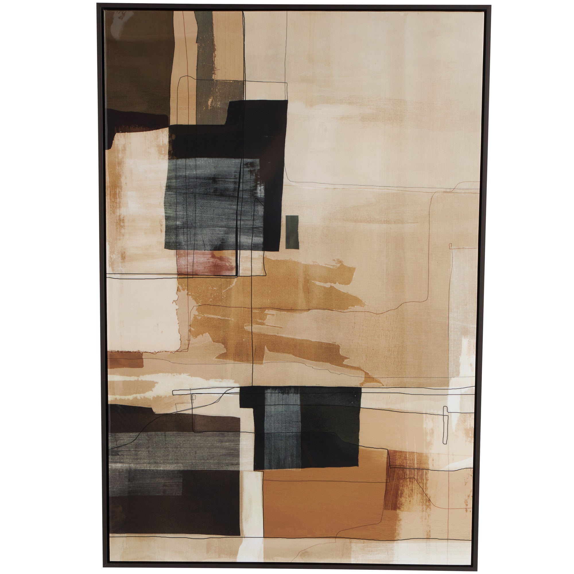Geometric Beige Canvas Living Room Framed Wall Art with Black and Brown Accents