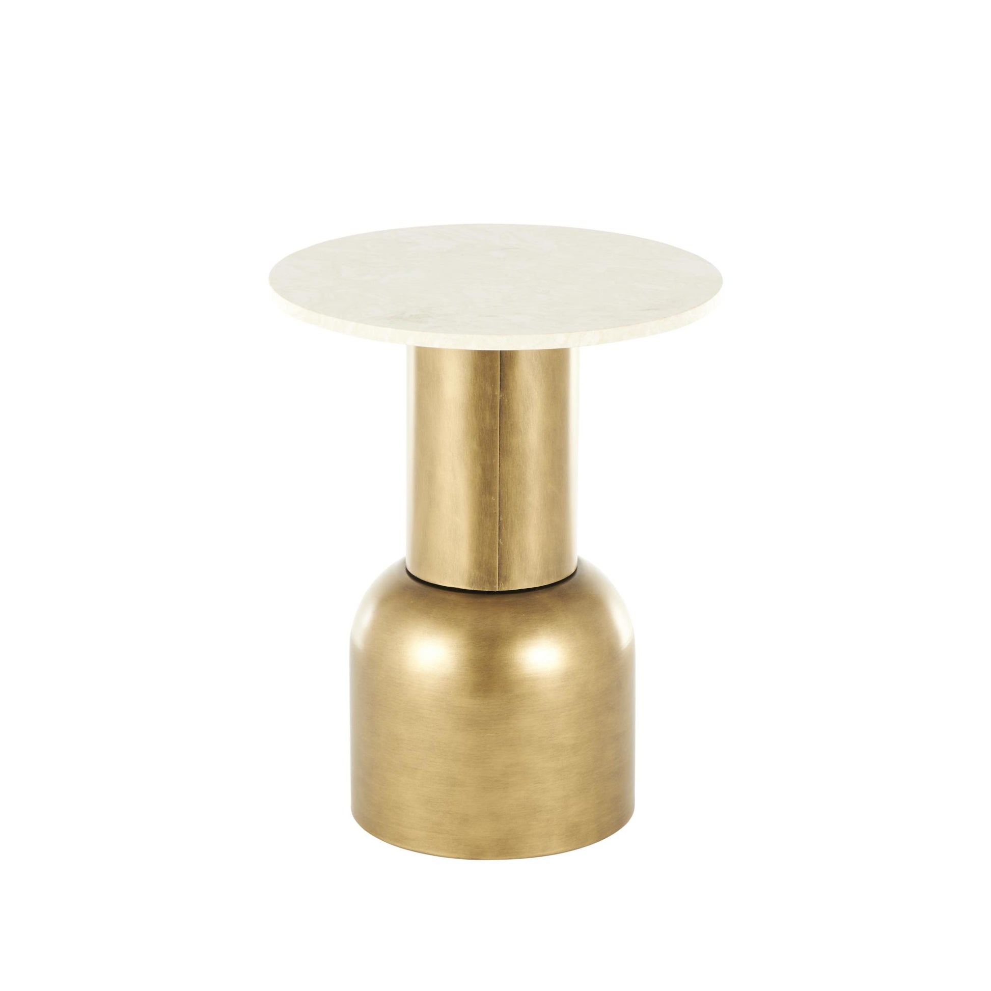Gold Metal Pedestal Side End Accent Table with Cream Marble Tabletop