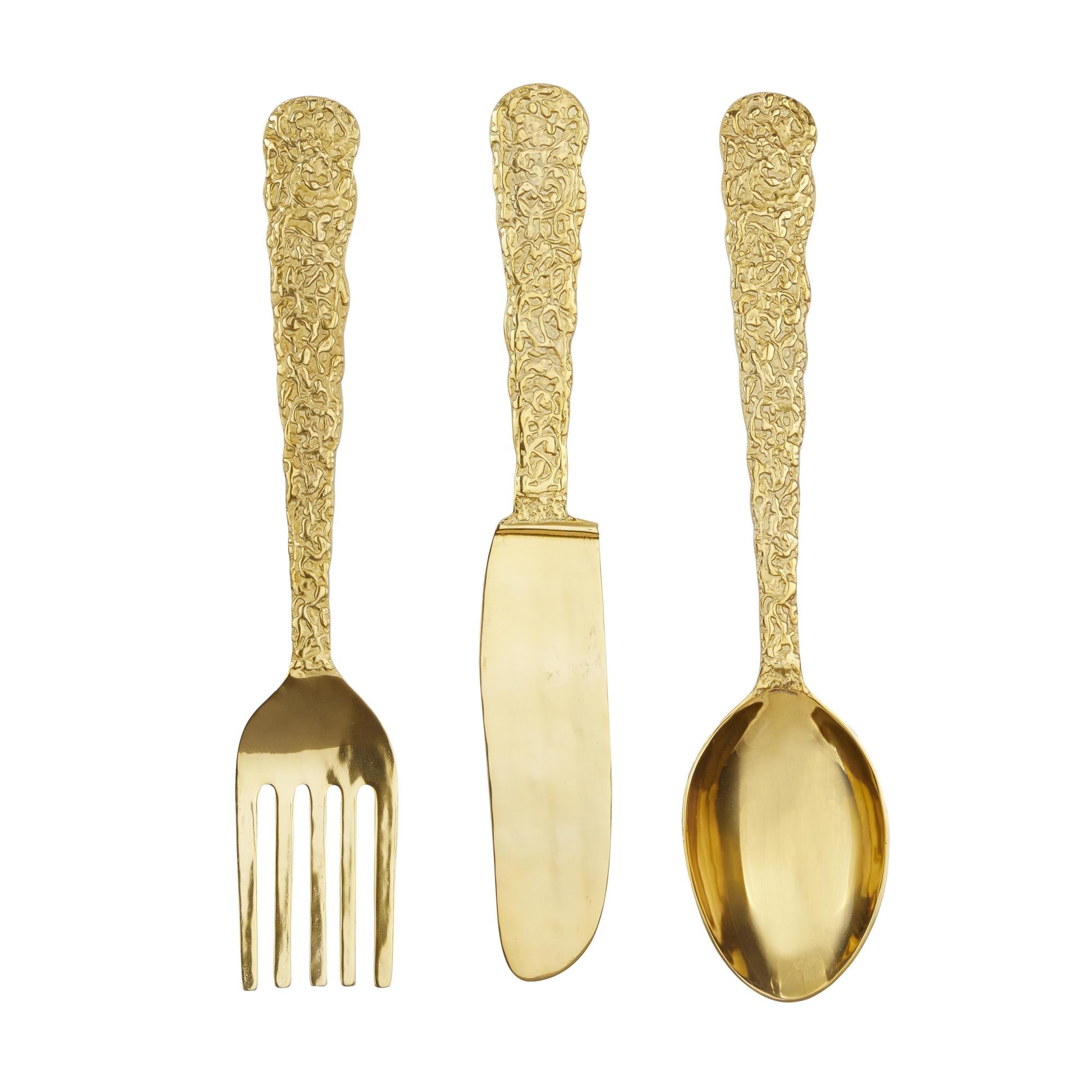 Set of 3 Utensils Gold Aluminum Metal Knife, Spoon and Fork Home Wall Decor