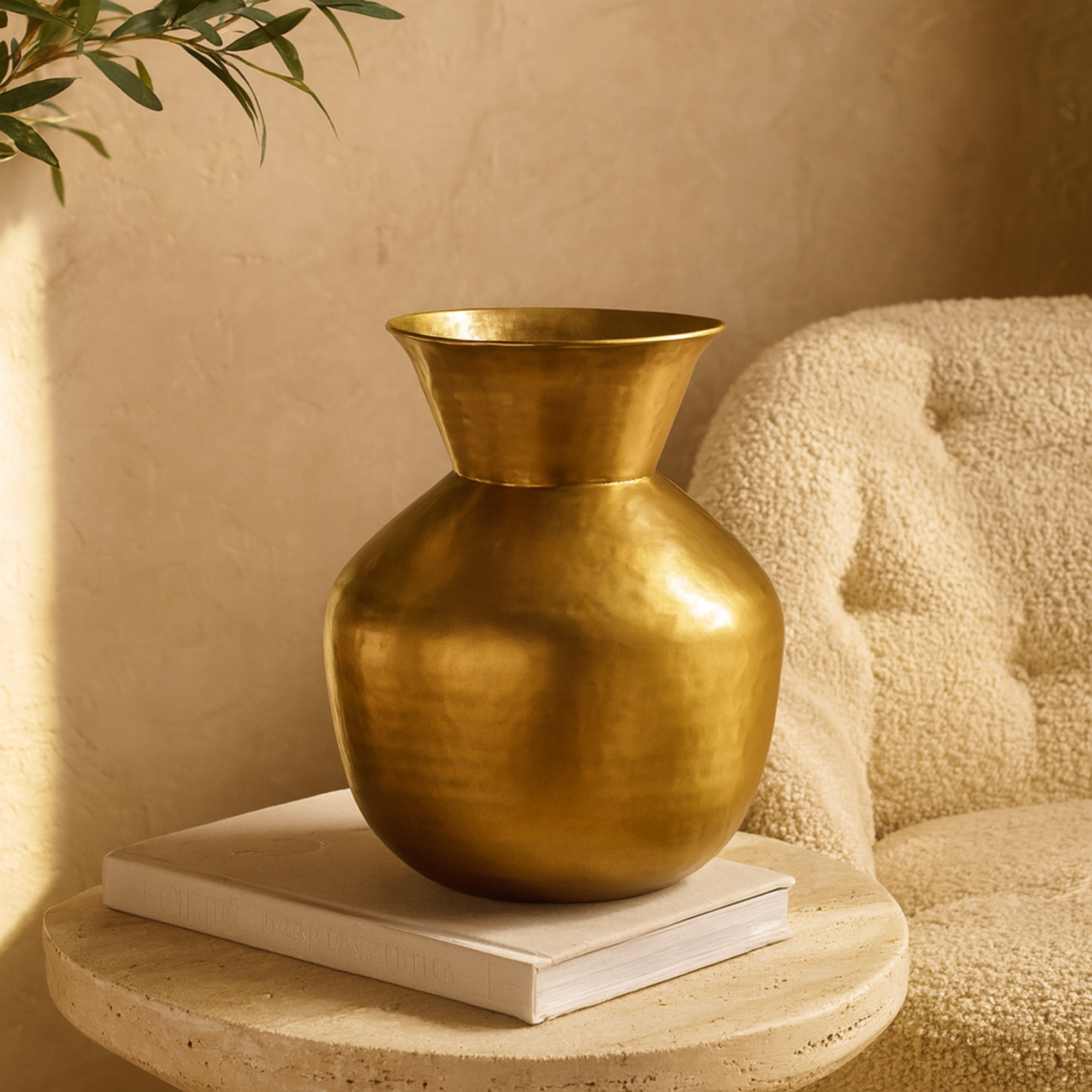 Gold Metal Hammered Spotted Decorative Vase with Fluted Top