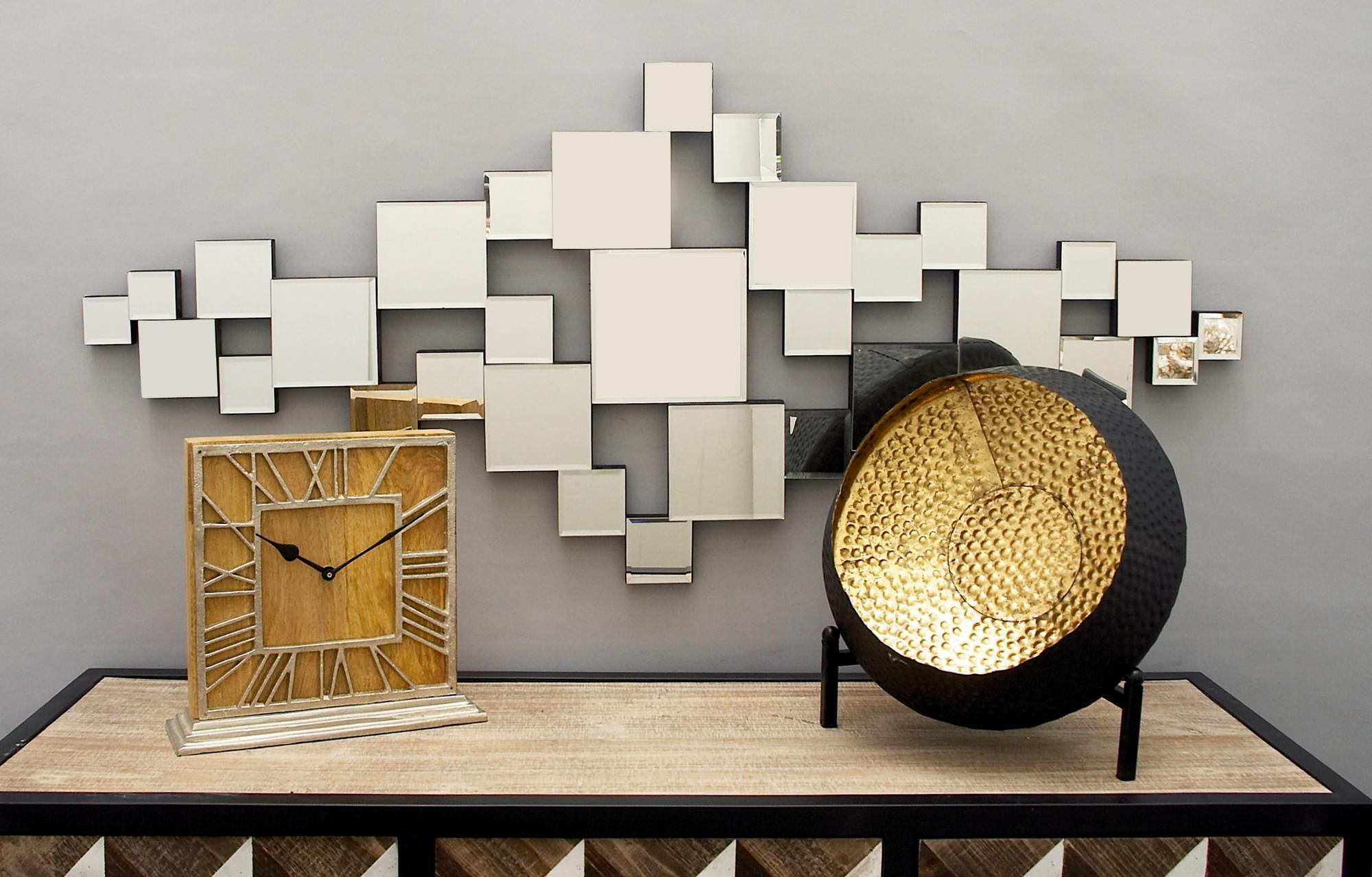 Geometric Silver Glass Slim Room Wall Mirror with Stacked Square Mirrors