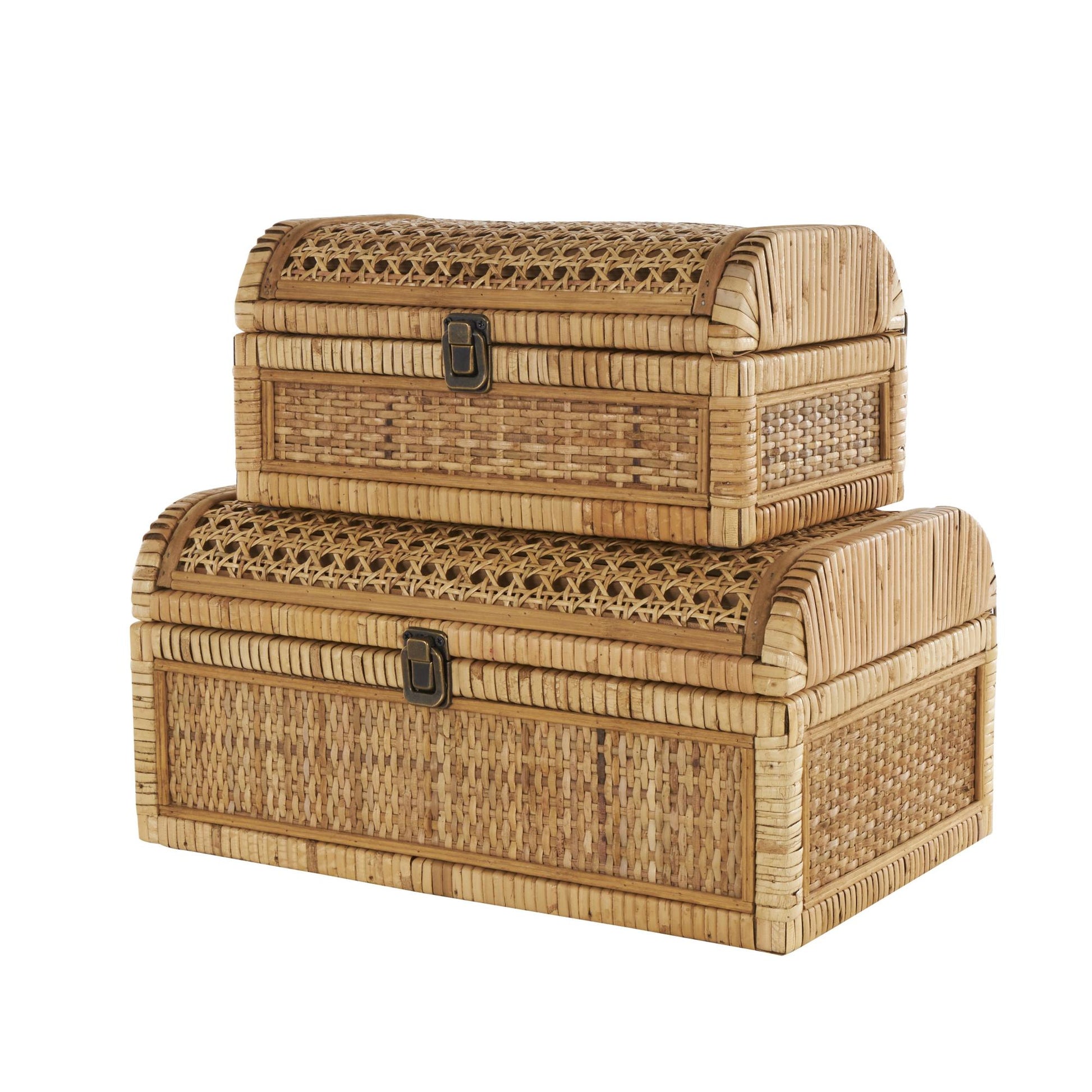Set of 2 Brown Rattan Handmade Woven Storage Decorative Box with Curved Tops and Wrapped Edges