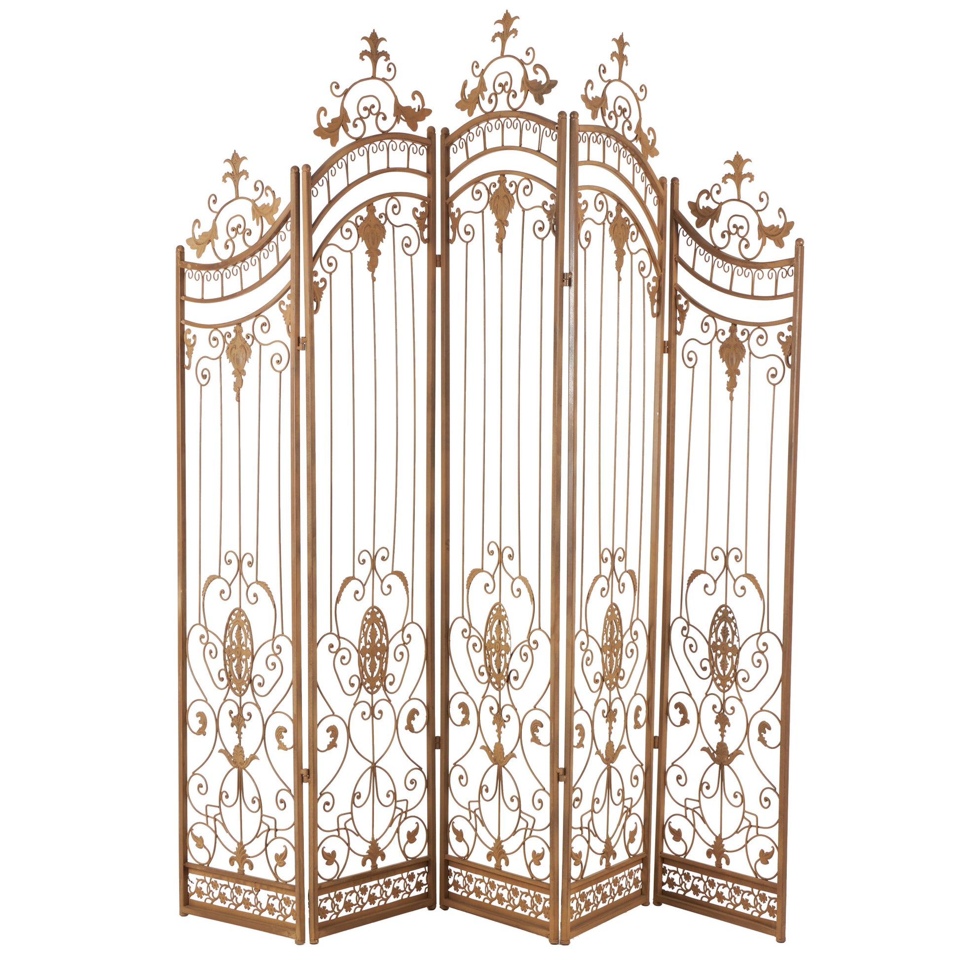 Scroll Bronze Metal Hinged Foldable Arched Partition 5 Panel Partition Room Divider Screen