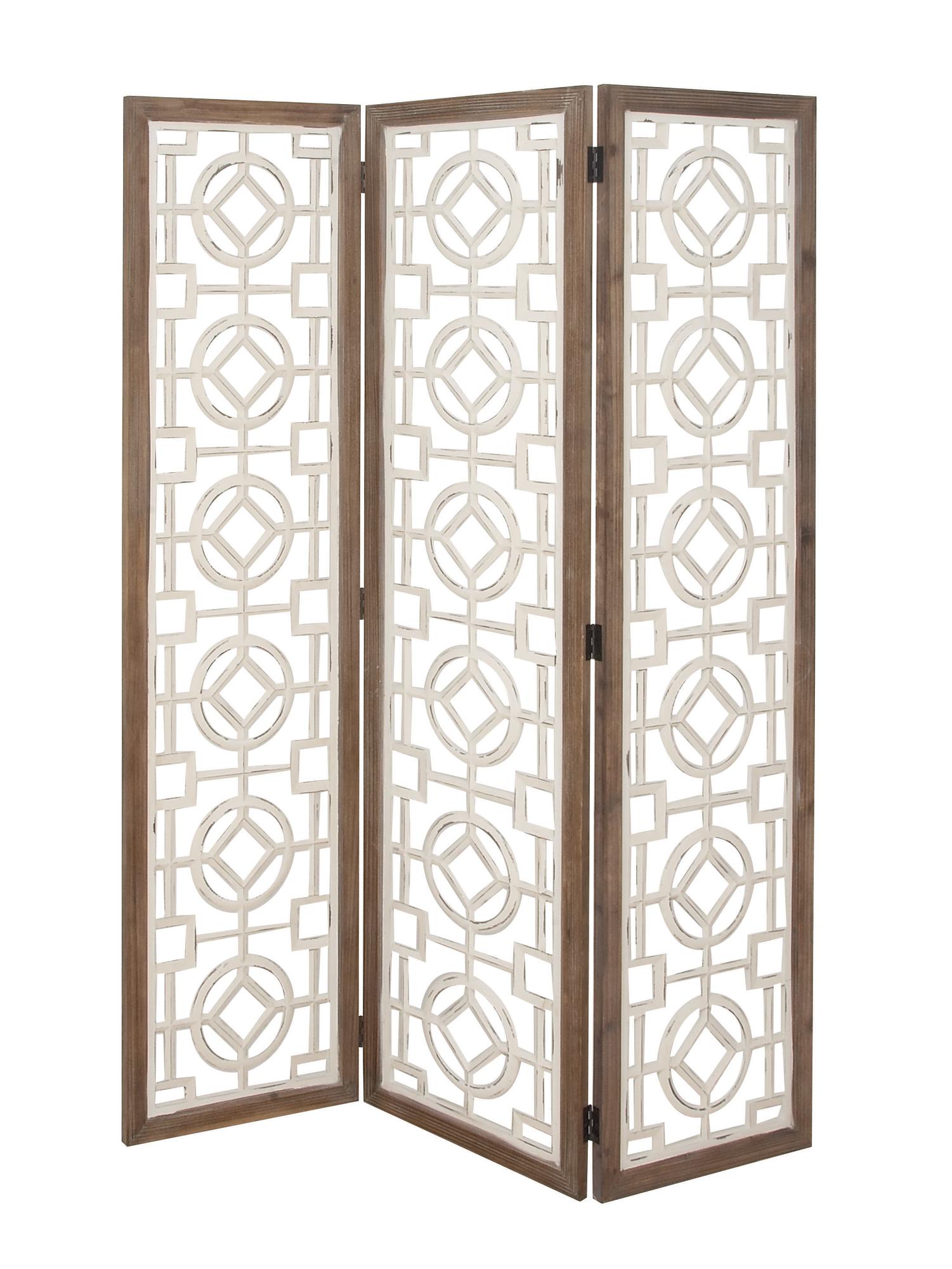 Geometric White Wood Hinged Foldable Partition 3 Panel Partition Room Divider Screen with Carved Designs