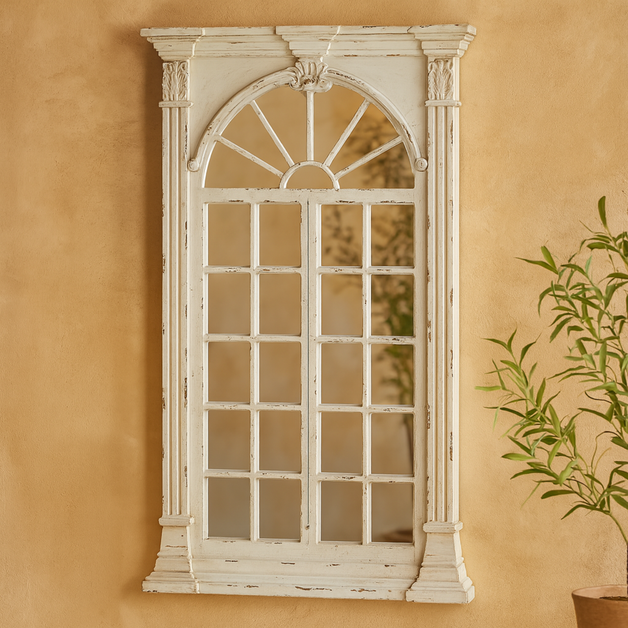 Cream Wood Distressed Vintage Scrolled Window Pane Room Wall Mirror with Arched Top and Columns