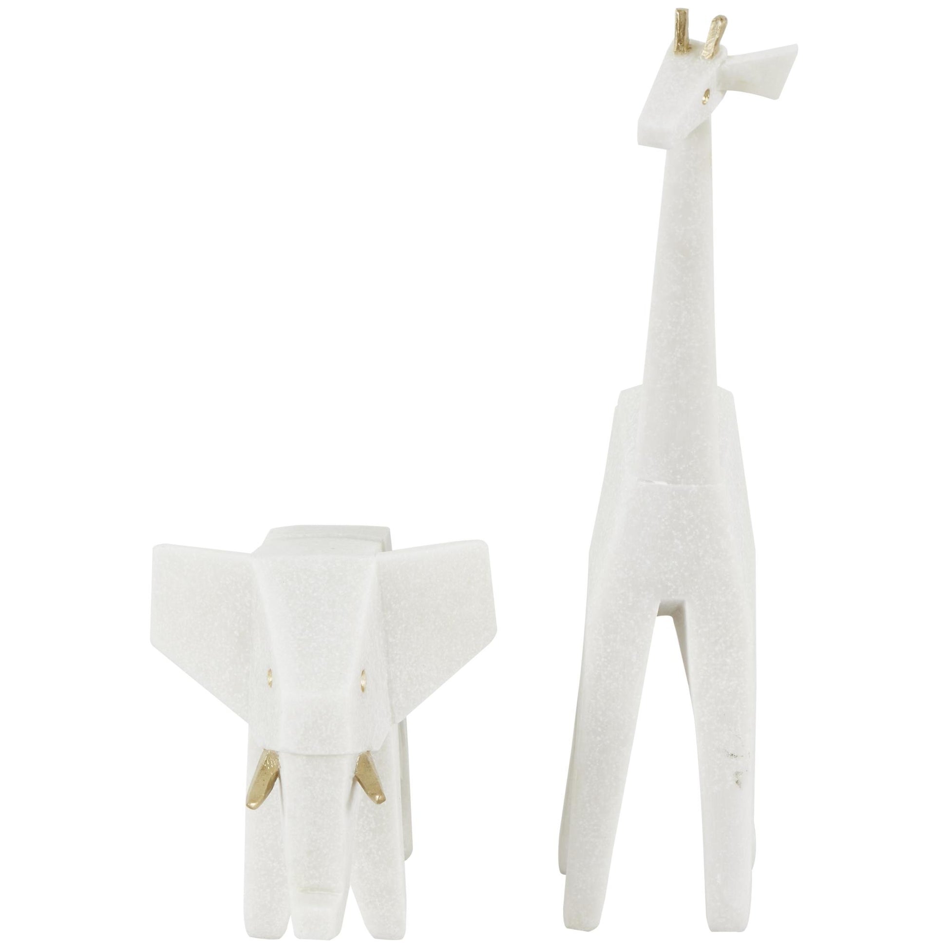 Set of 2 Elephant, Giraffe White Polystone Cubist Inspired Decorative Sculpture with Gold Accents