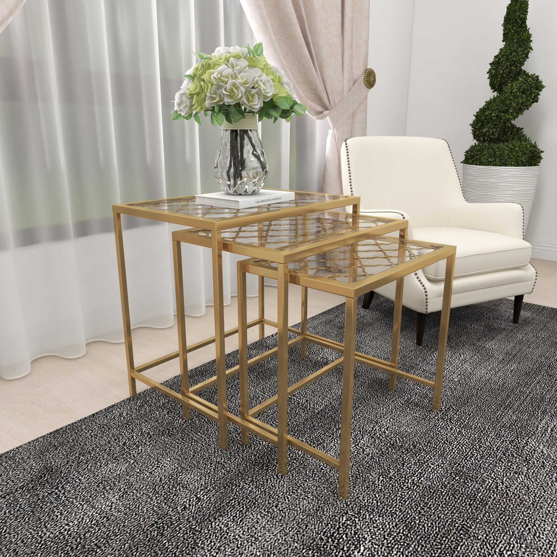 Set of 3 Gold Metal Side End Accent Table with Clear Glass Top