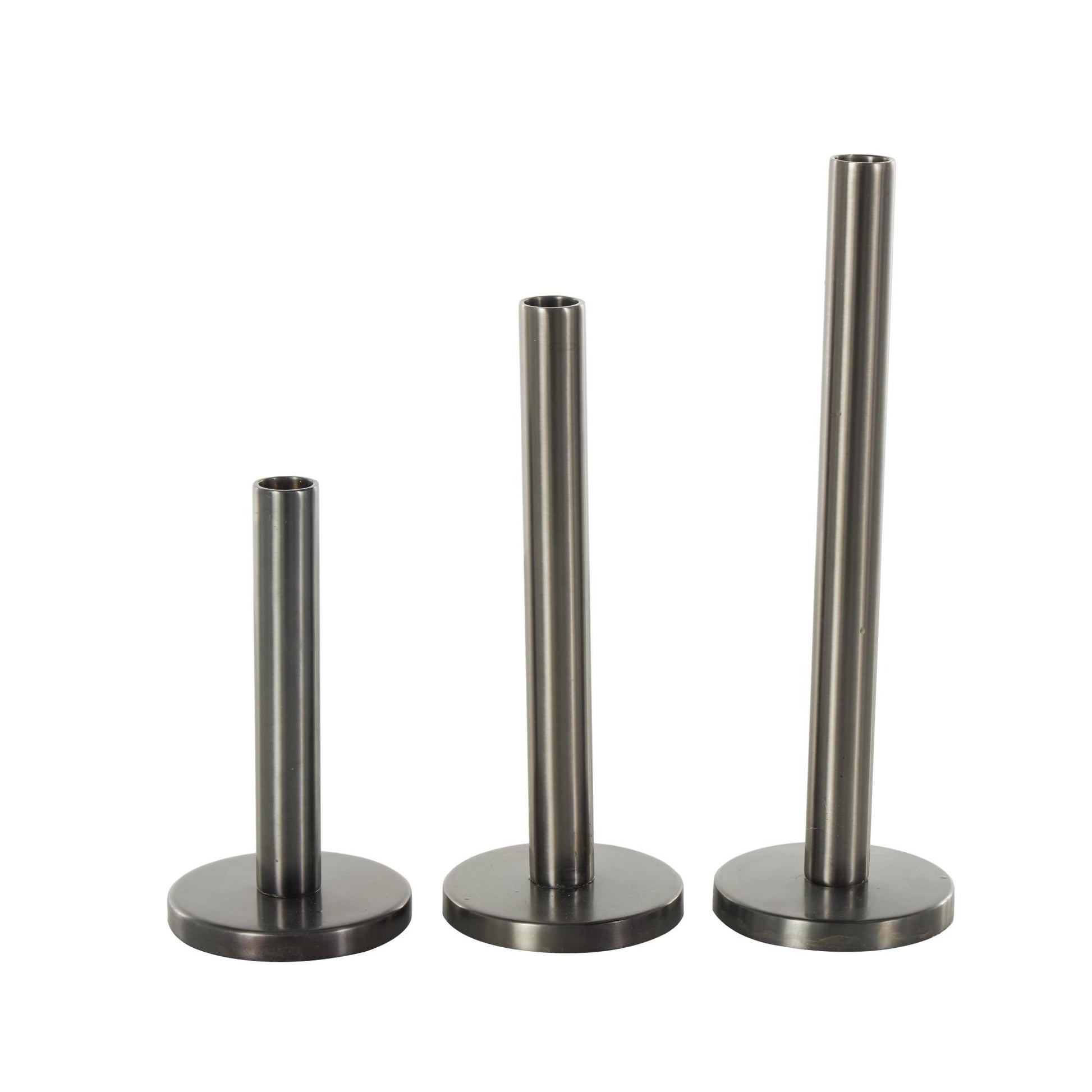 Set of 3 Black Stainless Steel Metal Slim Decorative Candle Holder with Round Base