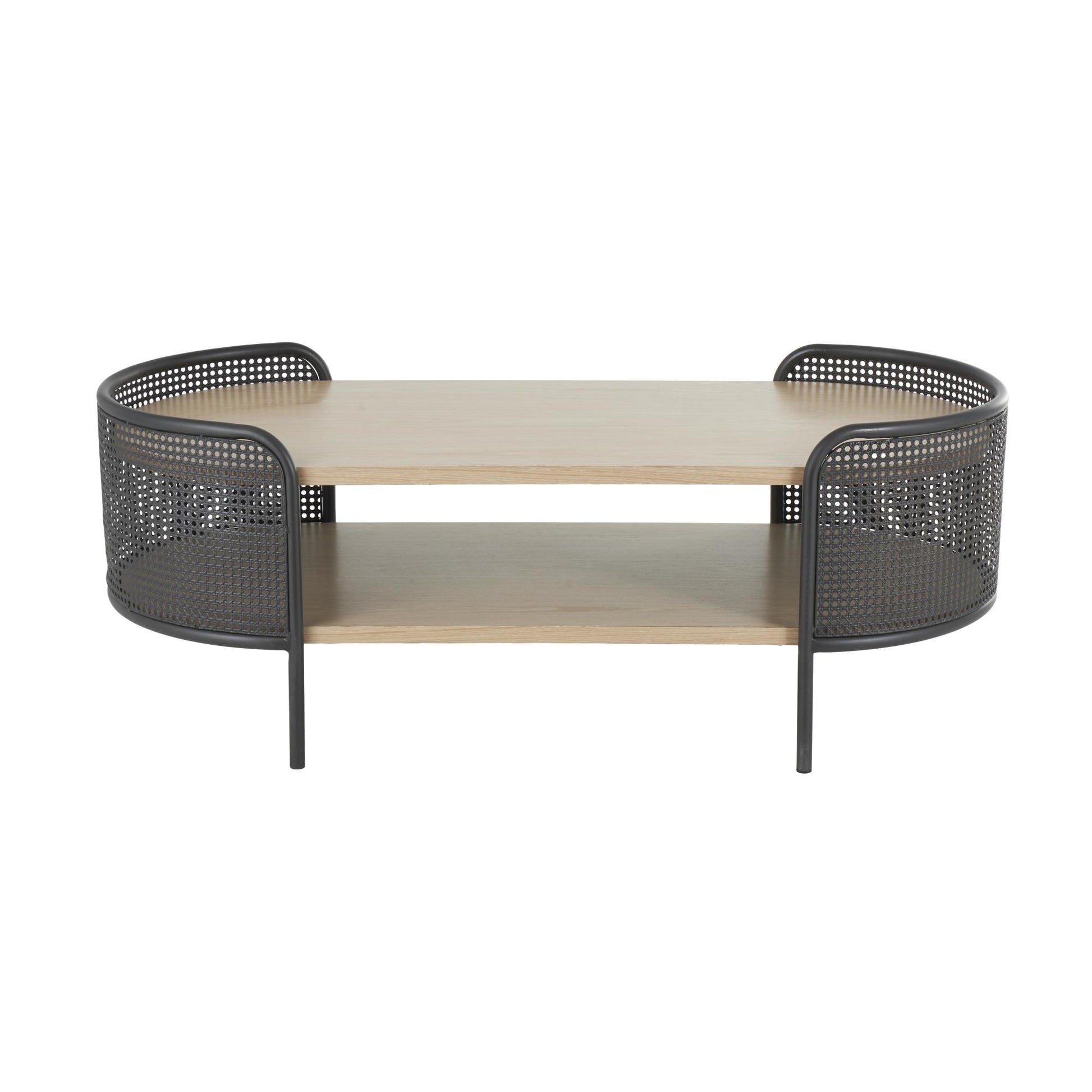 Light Brown Wooden Oval Two-Toned Living Room Coffee Table with Mesh Side Panels and Brown Wood Tabletop