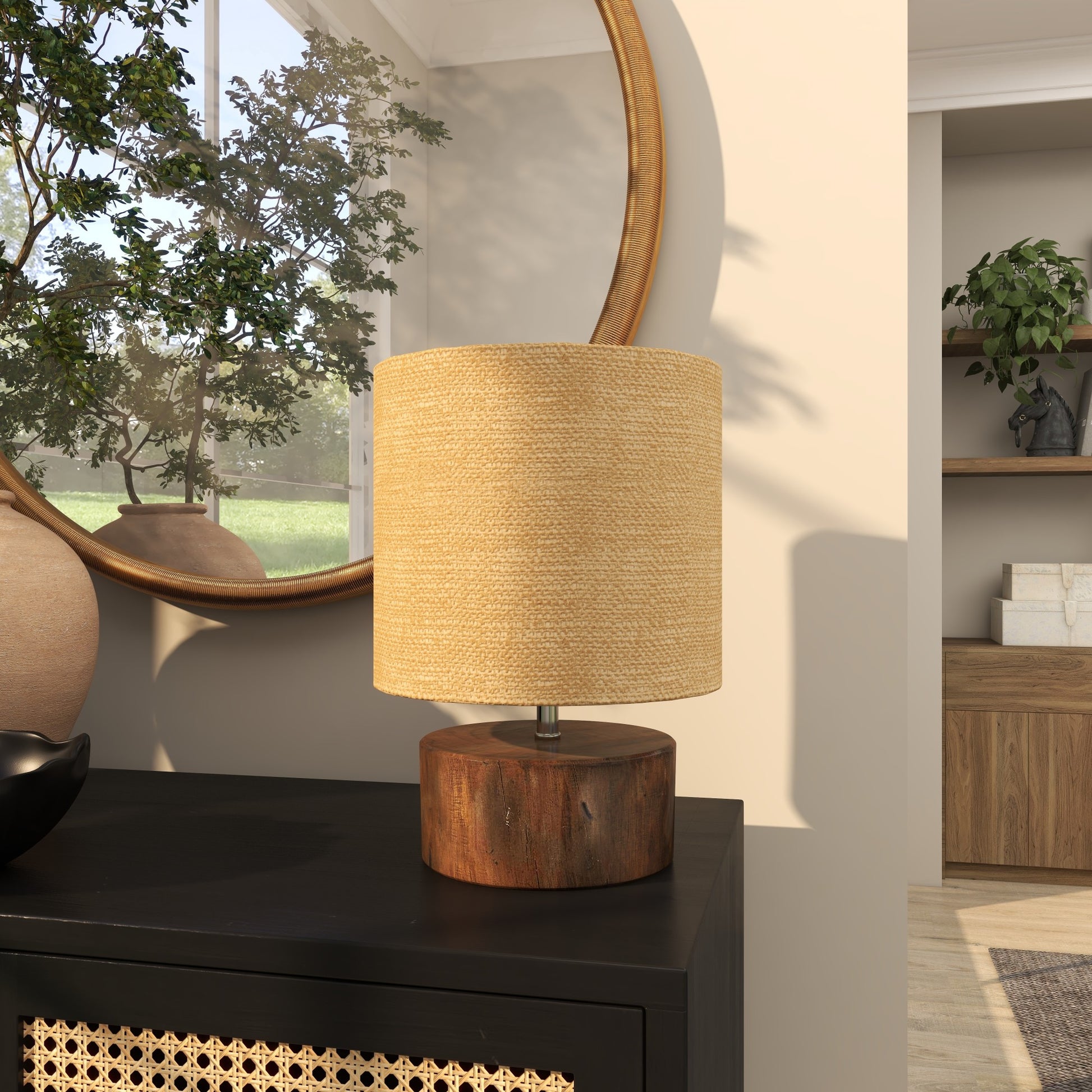 Dark Brown Wood Room Table Lamp with Jute Shade