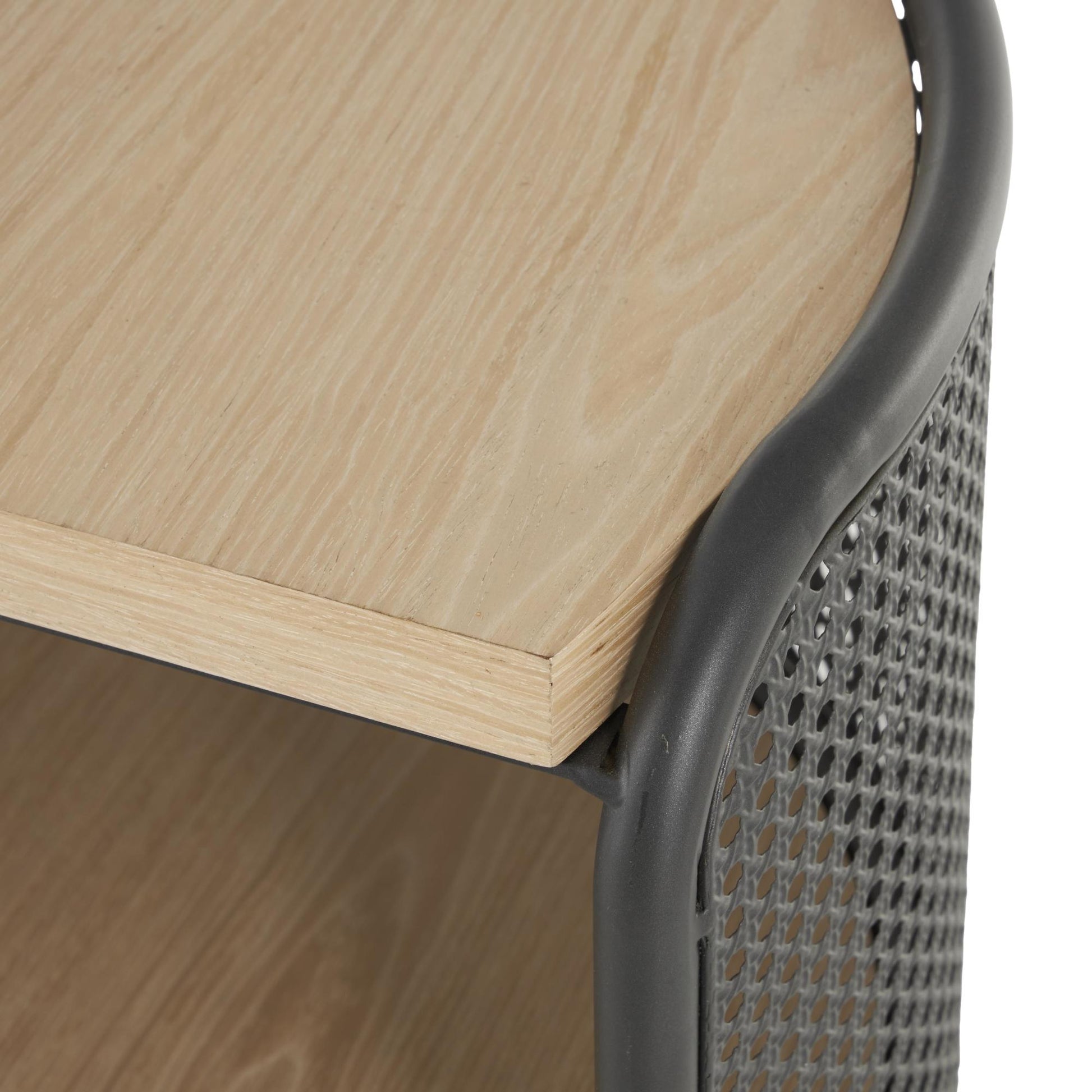 Light Brown Wooden Half-Moon Two- Toned Side End Accent Table with Mesh Back Panel and Brown Wood Tabletop