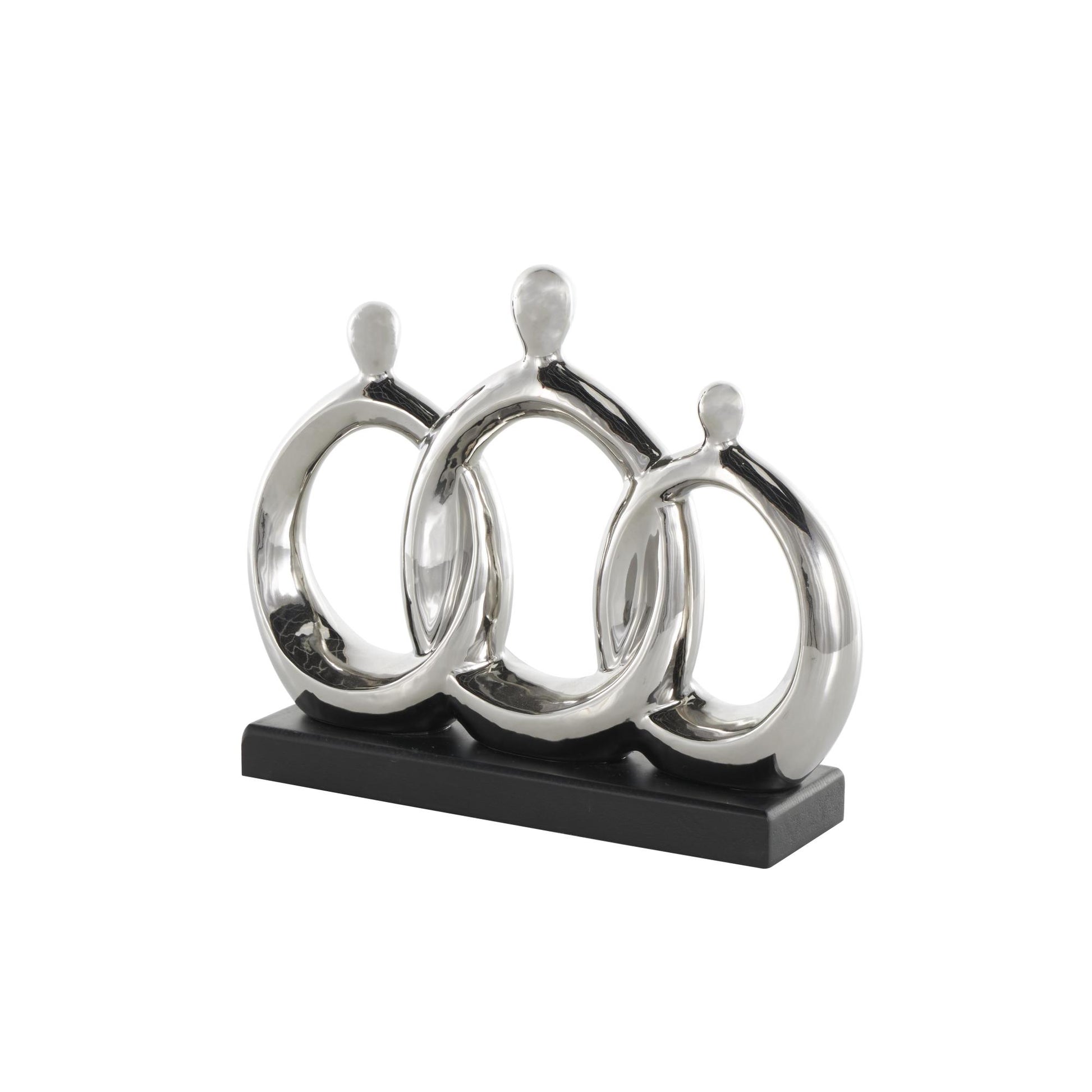 Family Silver Ceramic 3 Figure Decorative Sculpture with Black Rectangular Base