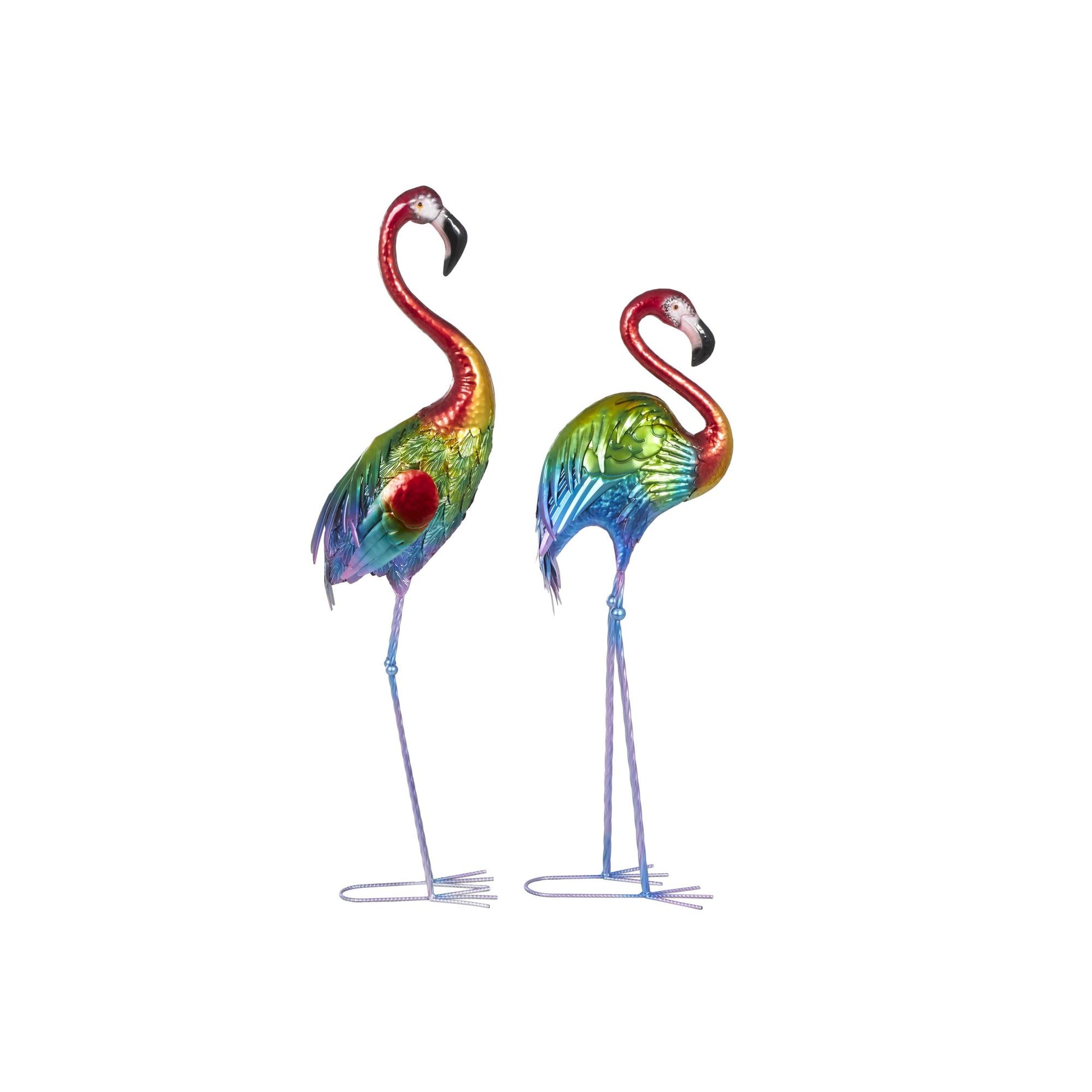 Set of 2 Flamingo Multi Colored Metal Tall Textured Rainbow Decorative Garden Sculpture