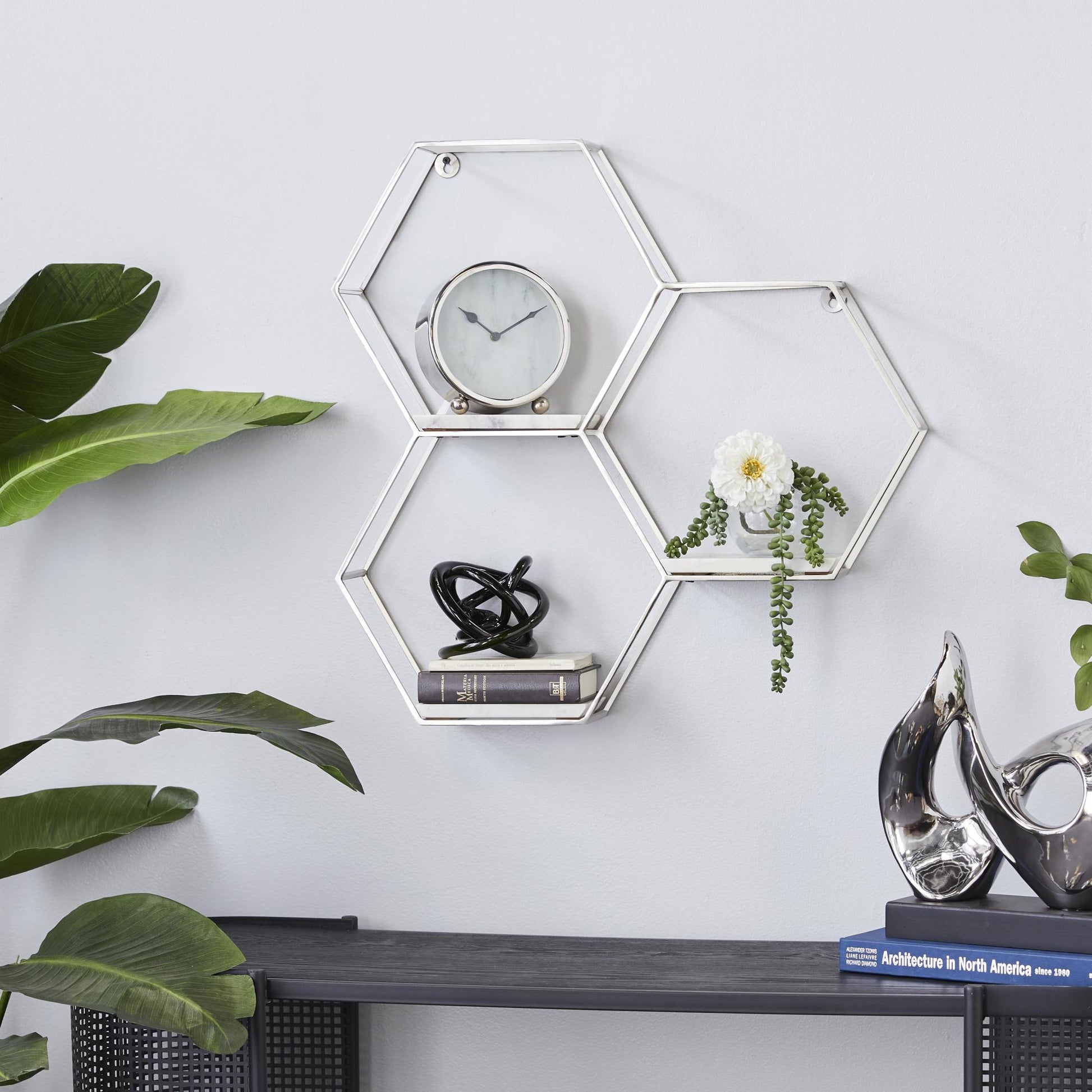 Geometric Metal Hexagon 3 Marble Shelves Room Wall Shelf with 3 Marble Shelves 26" x 5" x 24"