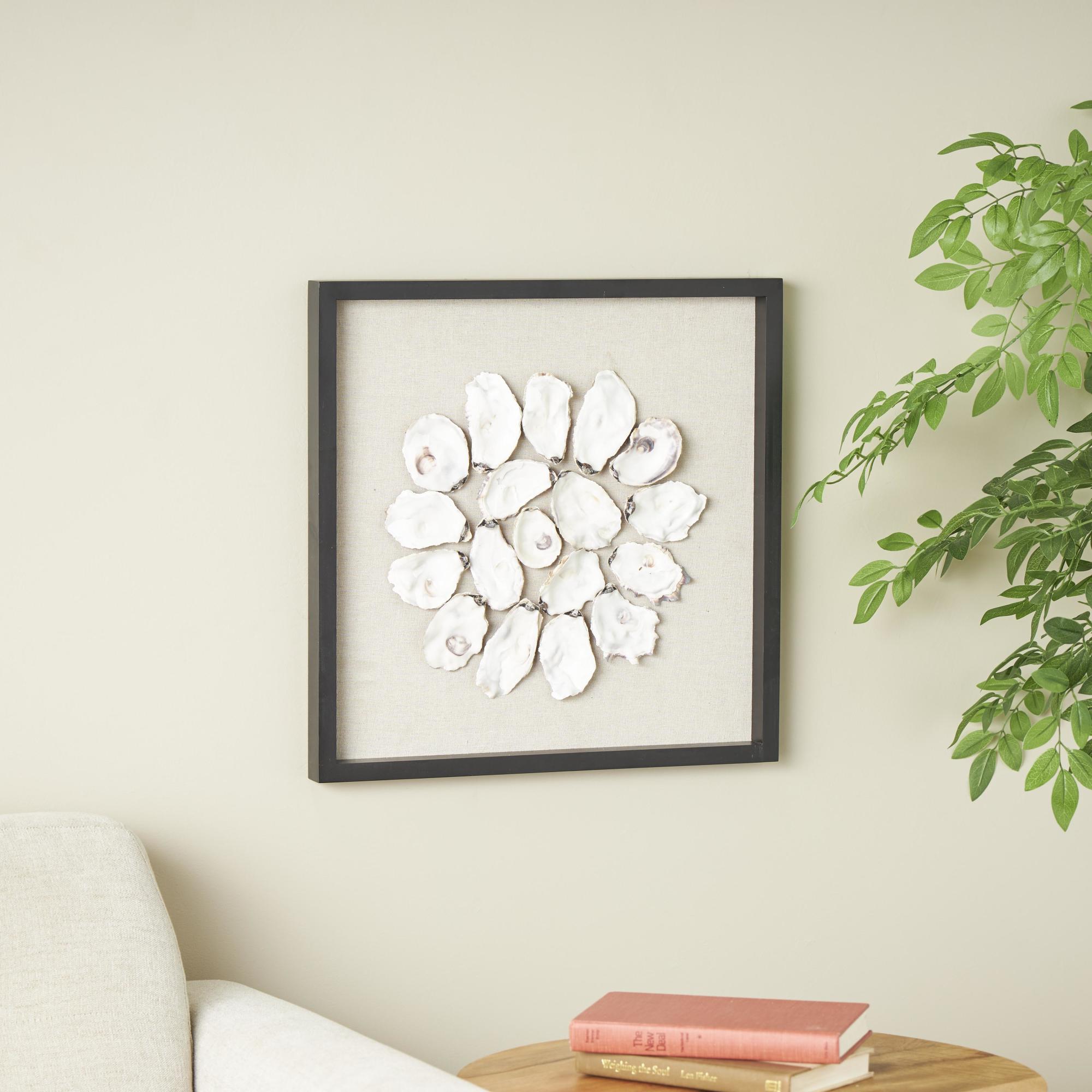 Shell Cream Shell Handmade Abstract Circular Home Wall Decor with Beige Linen Backing and Black Frame