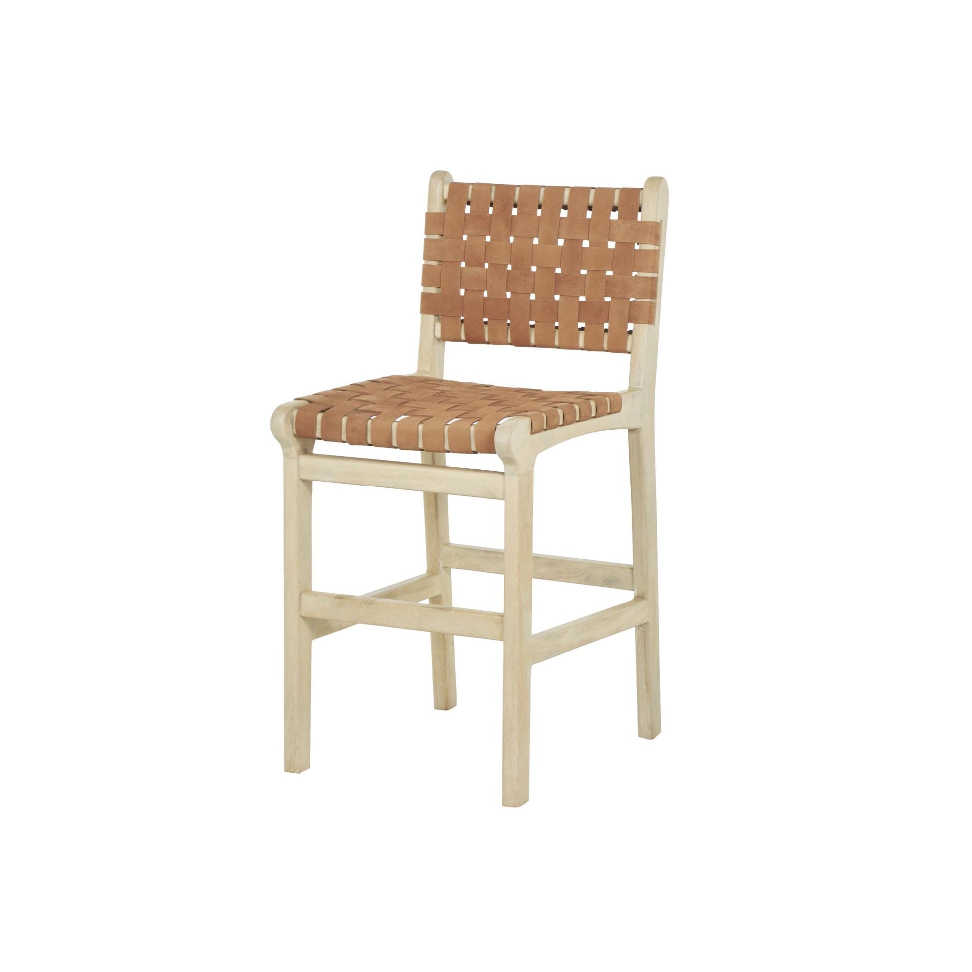 Mango Wood Handmade Woven Kitchen Bar Stool with with Backrest and Footrest