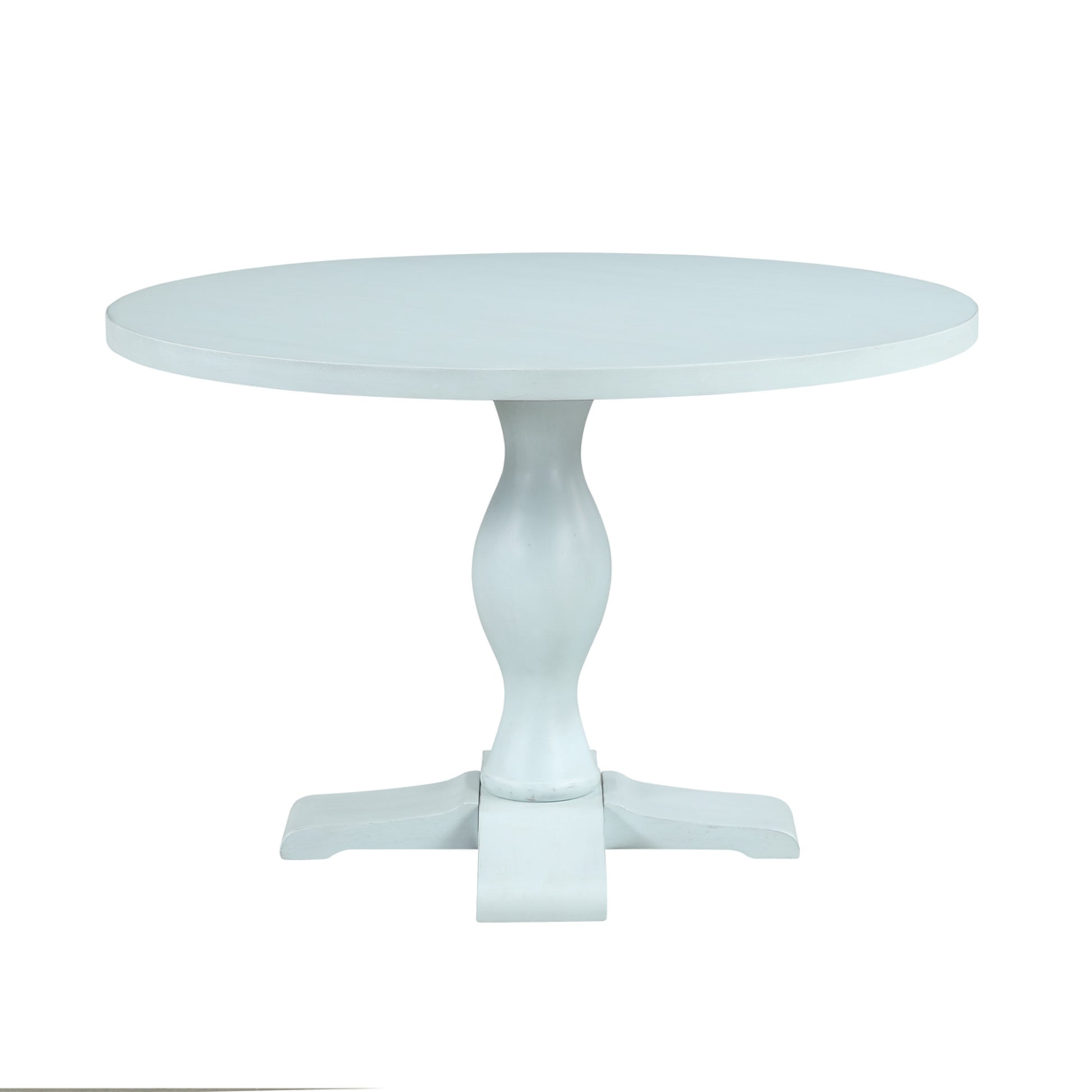 Light Blue Wood Round Kitchen Dining Table with Turned Pedestal Base and X Support