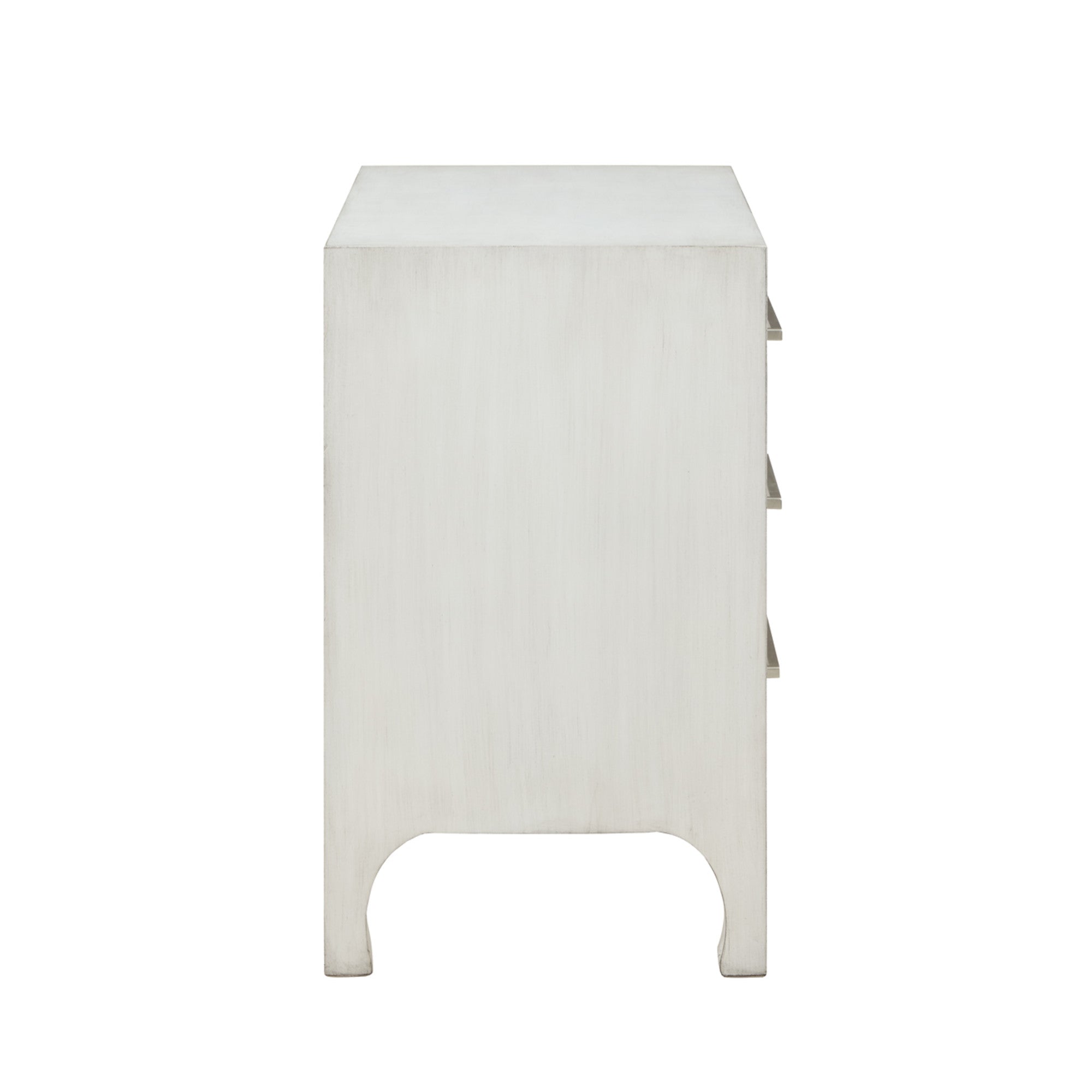 White Wooden 3 Drawer Room Dresser with Curved Drawer Frames and Legs and Silver Bar Handles