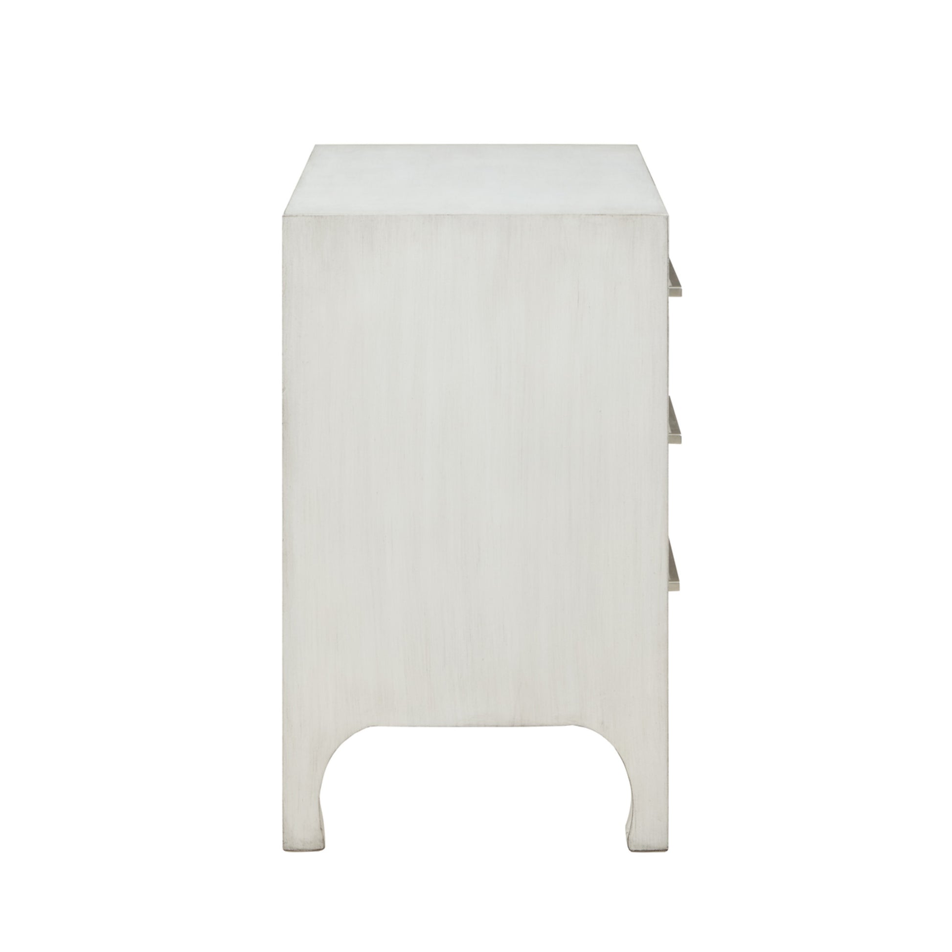 White Wooden 3 Drawer Room Dresser with Curved Drawer Frames and Legs and Silver Bar Handles