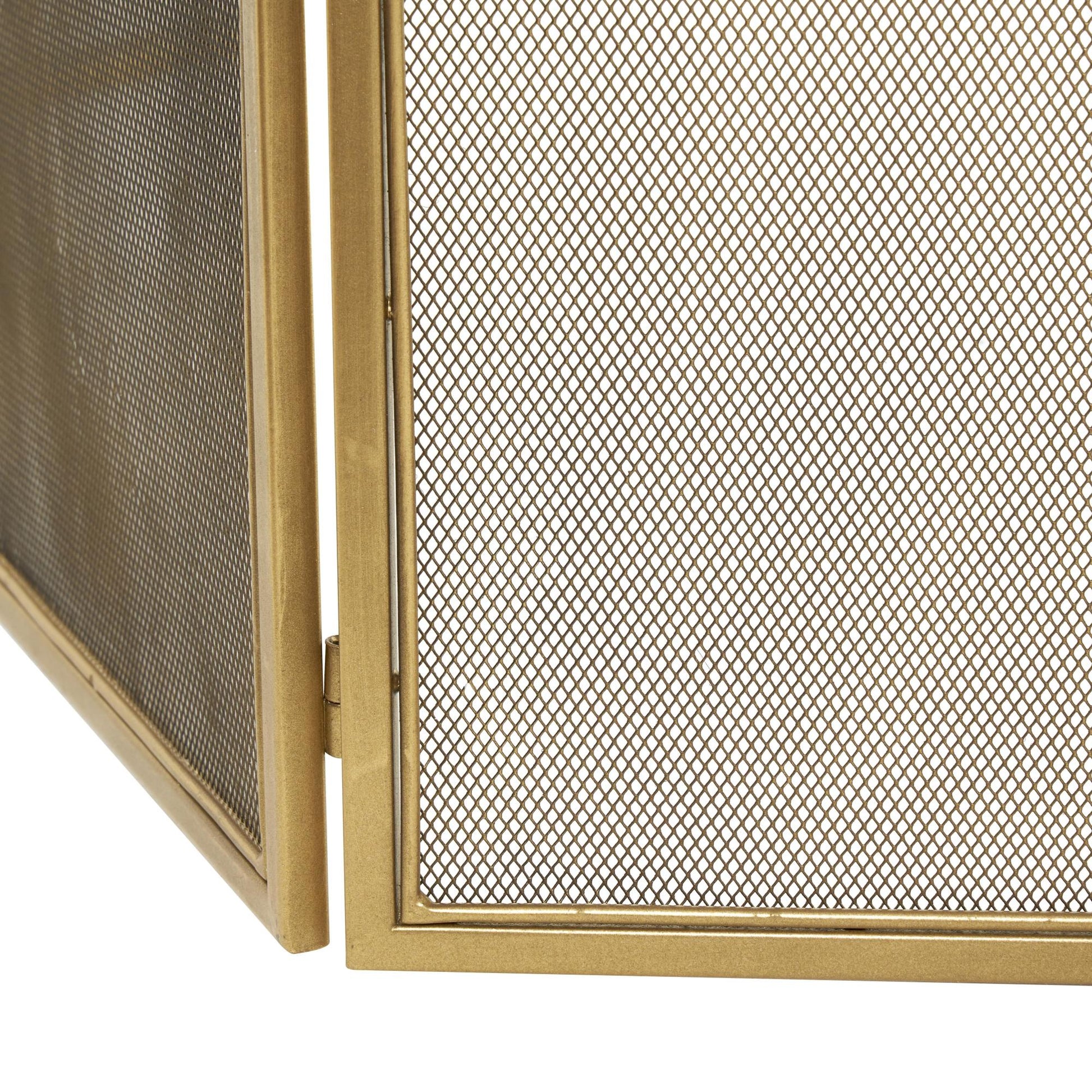 Floral Gold Metal Ornate Antique Arched 3 Panel Living Room Fireplace Screen with Finial Accents