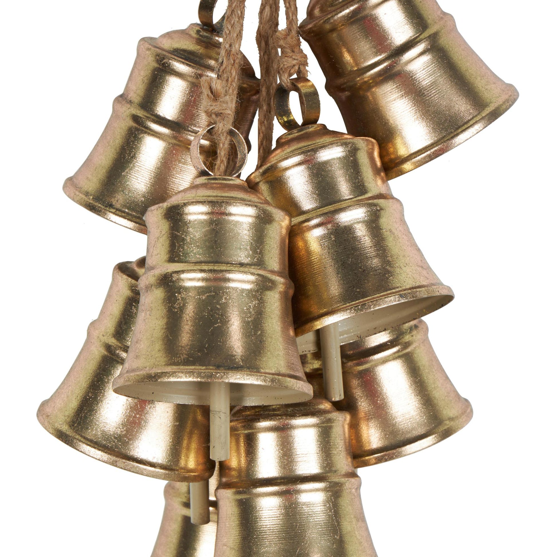 Gold Metal Tibetan Inspired Cascading Cluster Indoor Outdoor Decorative Bells with 8 Bells on Jute Hanging Rope